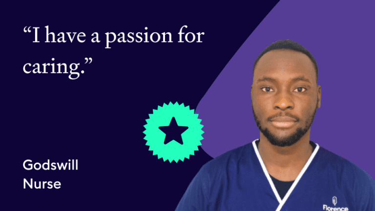 Testimonial graphic featuring nurse Godswill with the quote “I have a passion for caring.”