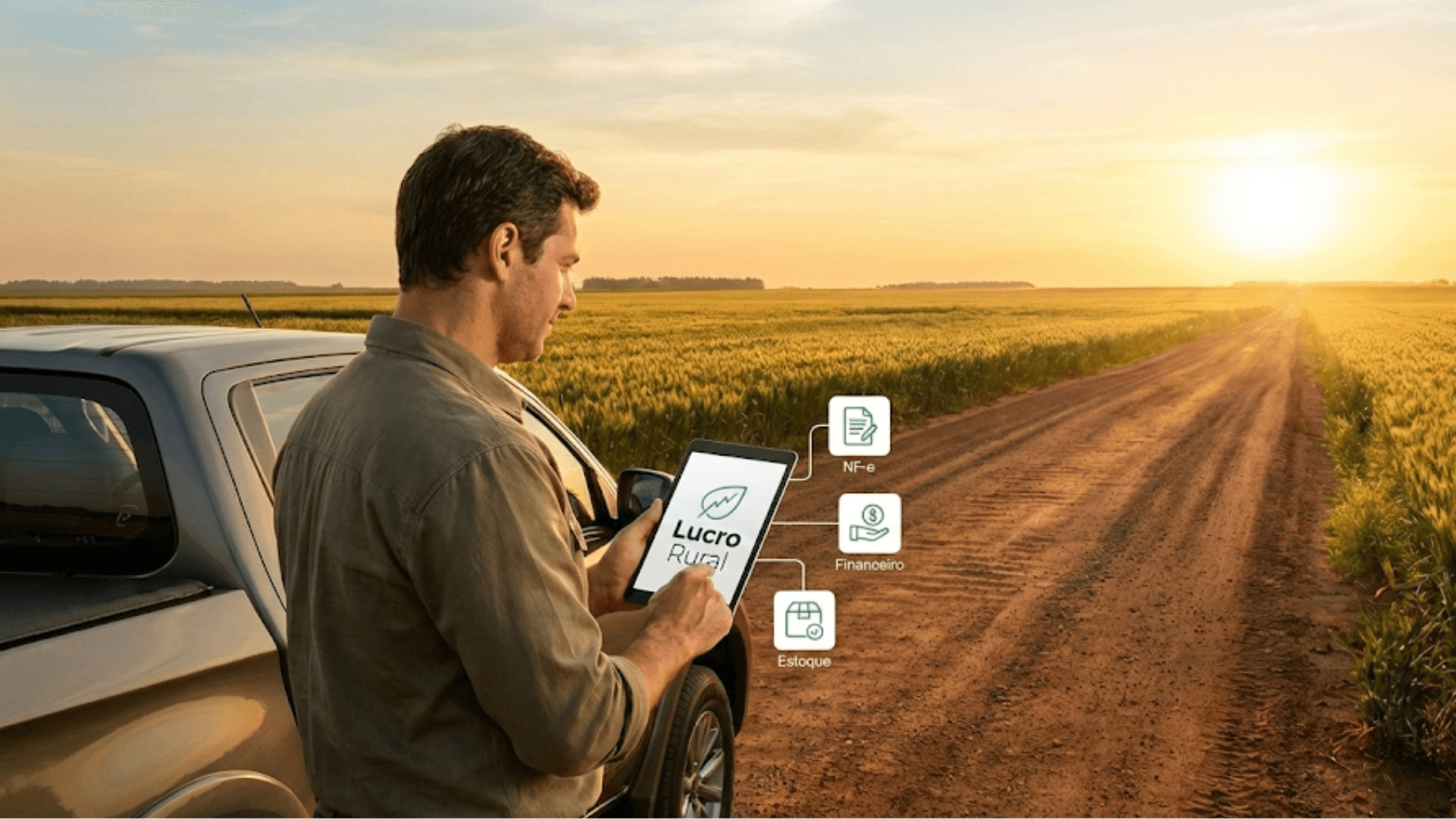 Agricultora emitindo Nota Fiscal de Produtor Rural pelo tablet dentro de uma estufa de vegetais.