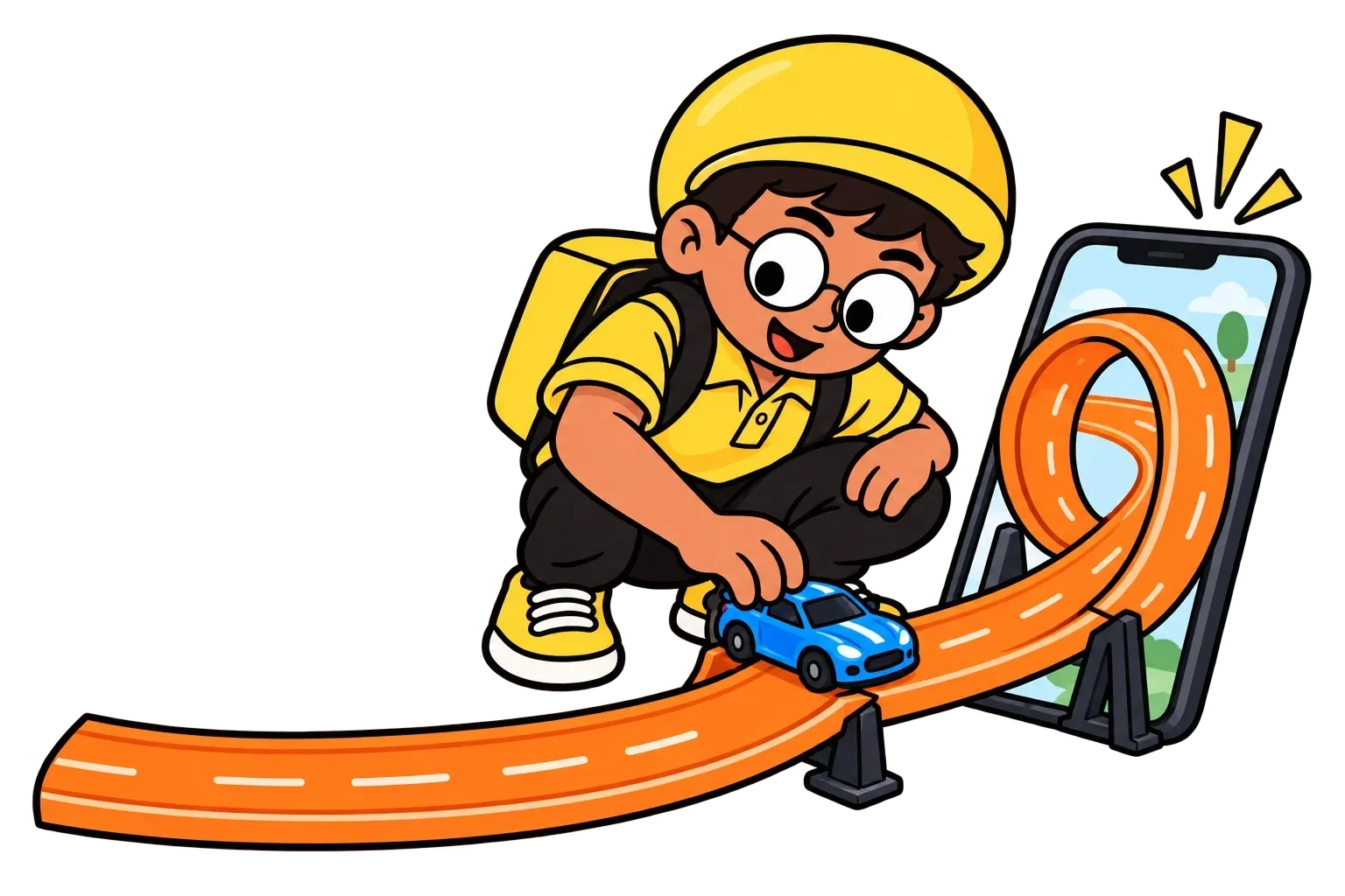 Cartoon character setting a blue toy car on an orange track coming out of a phone