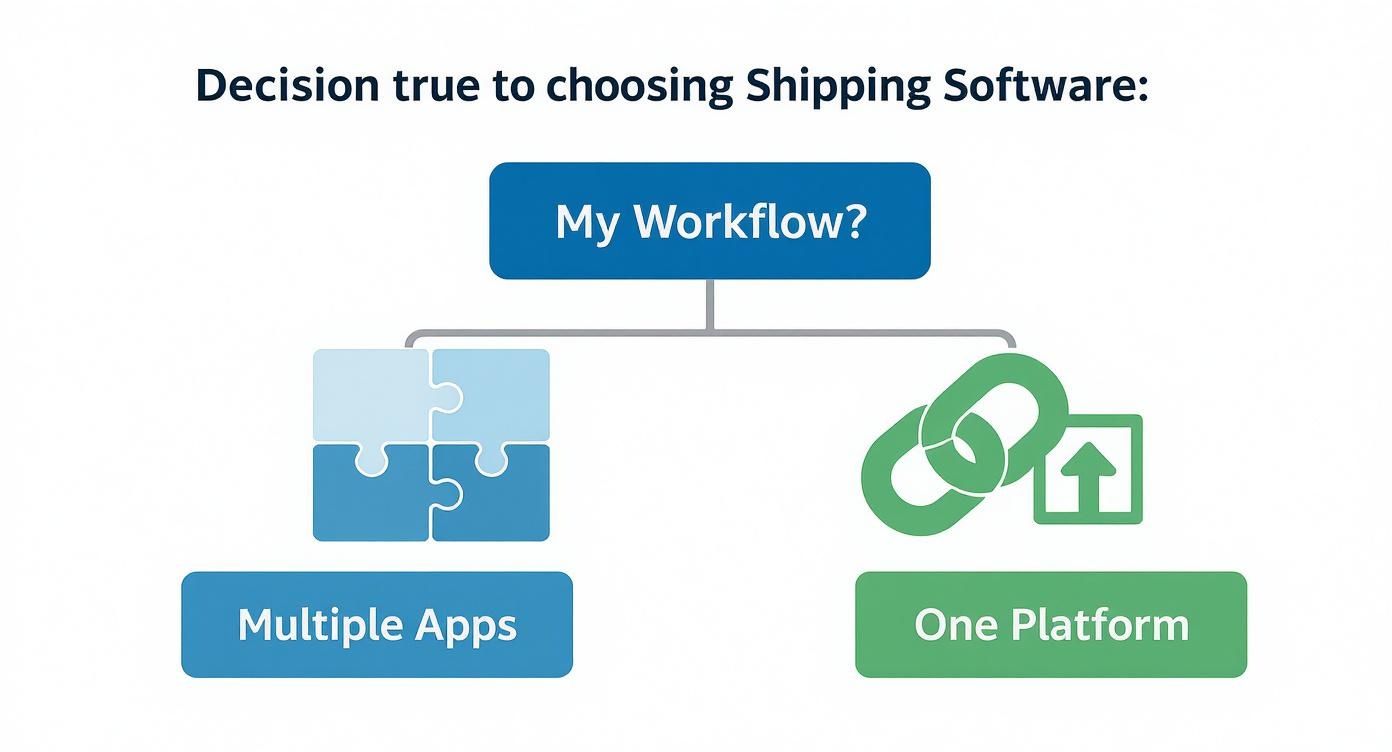 Infographic decision tree on choosing shipping software, showing a choice between a fragmented and a unified workflow.
