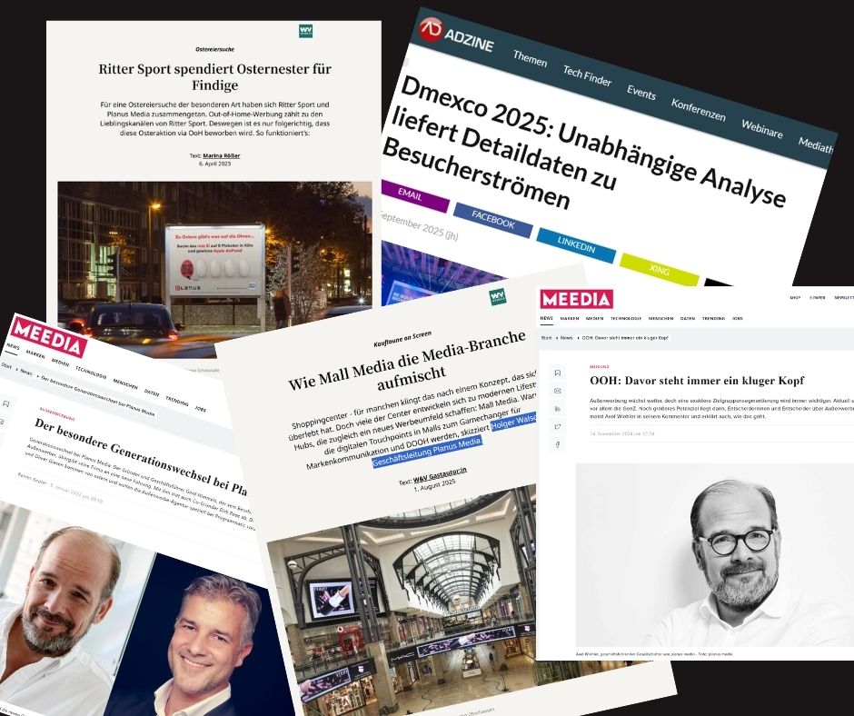 Collage aus Artikeln über Media-Werbung und Out-of-Home-Kampagnen in Deutschland.