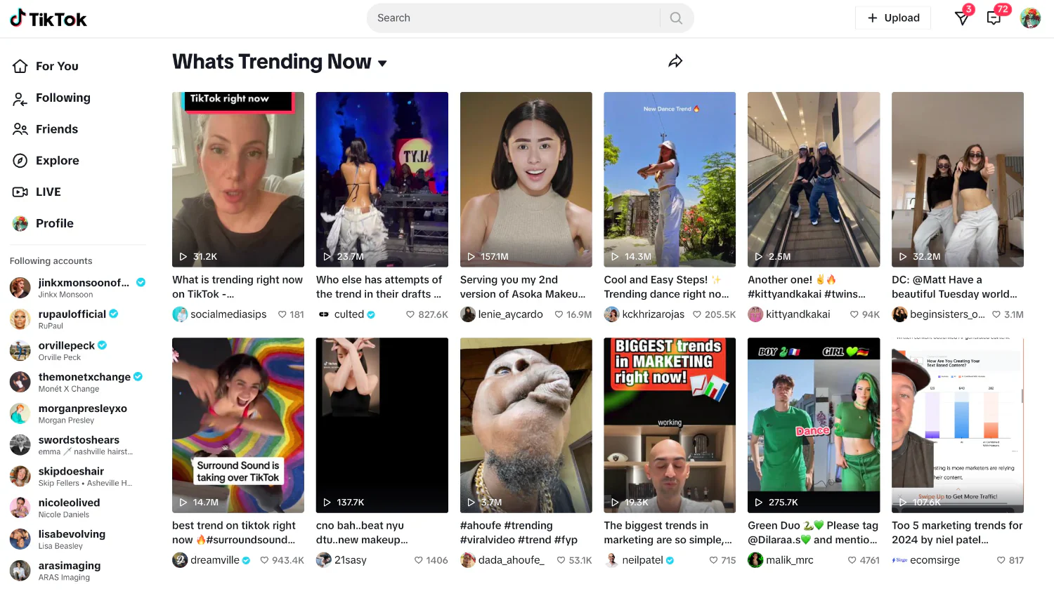 Tiktok website showing the trending videos