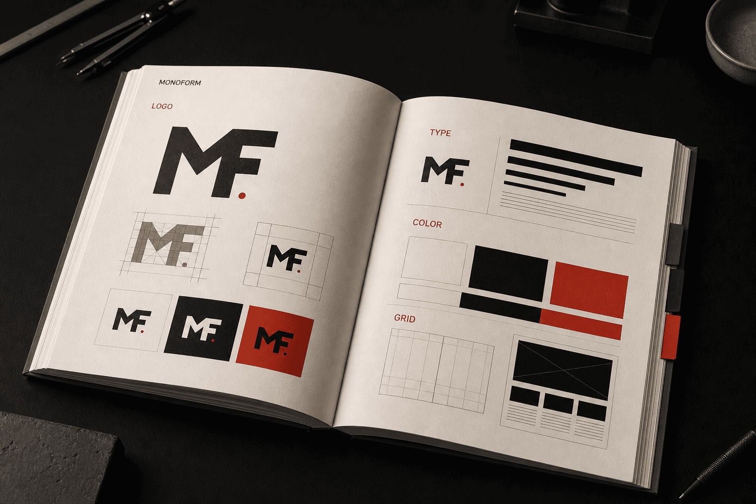 Open MONOFORM brand guideline book showing logo, typography, color and grid rules