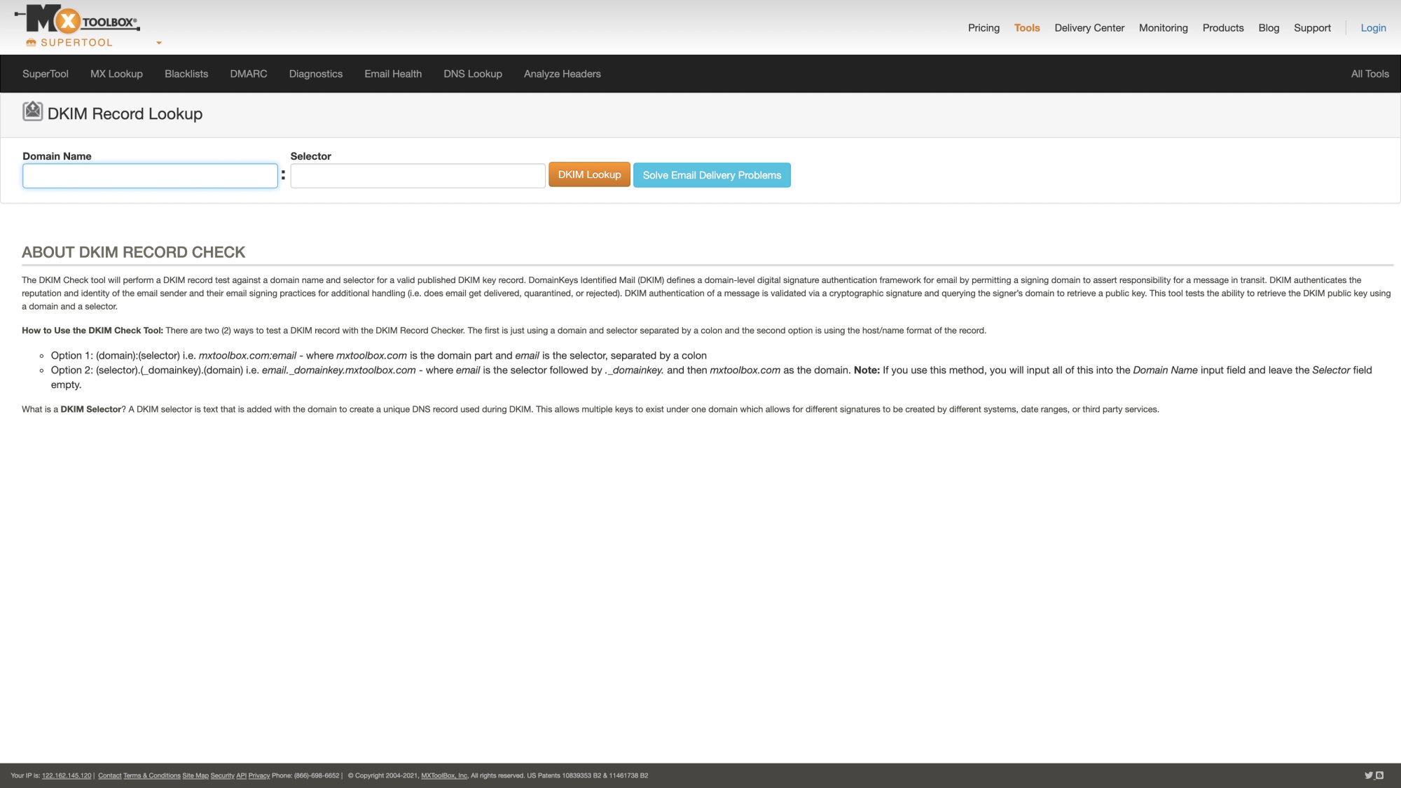 MXToolbox DKIM Lookup tool interface showing selector and domain input fields for DKIM record verification