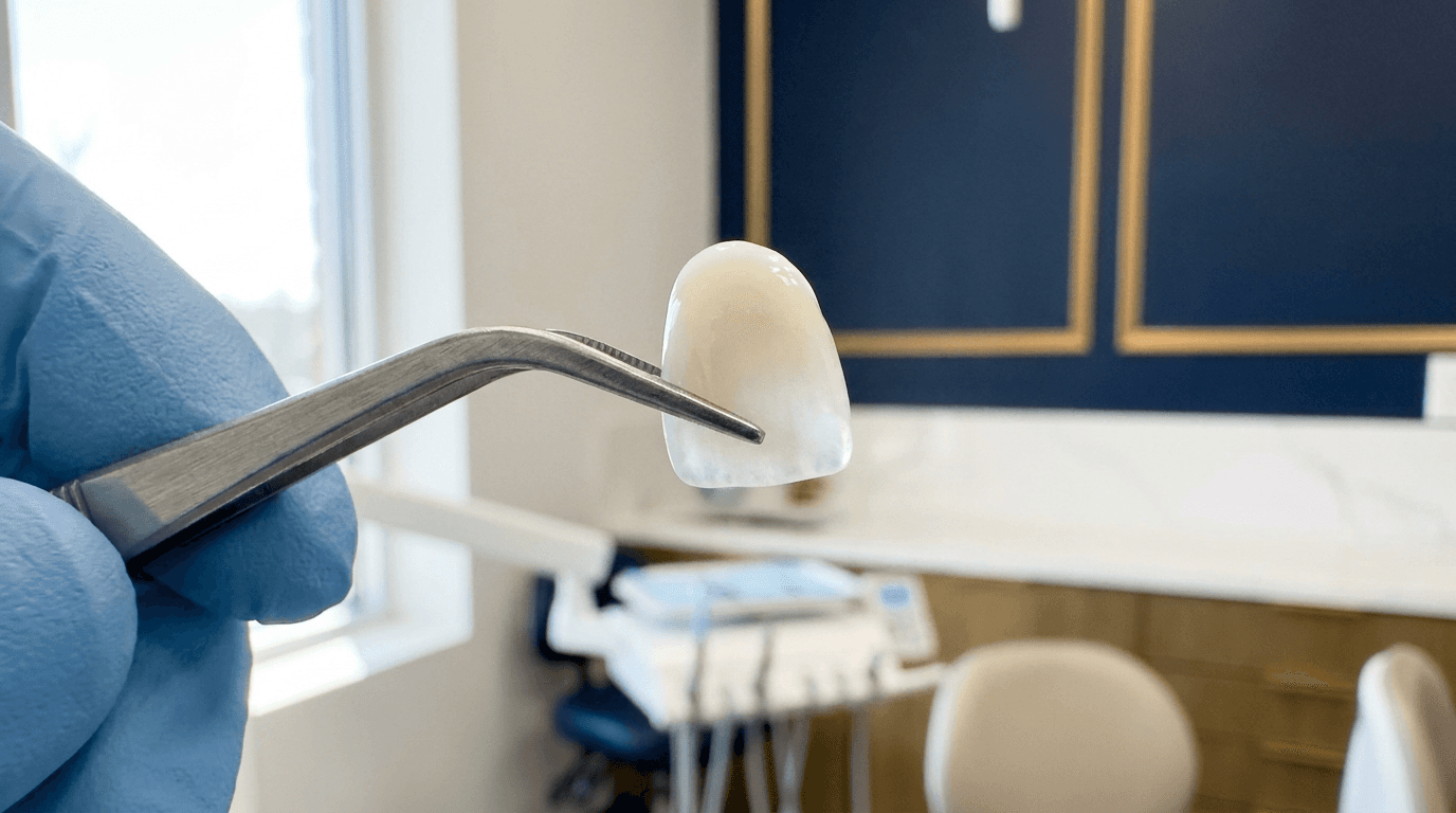 A dentist holding a single porcelain veneer with fine tweezers, showing its translucent ceramic edge