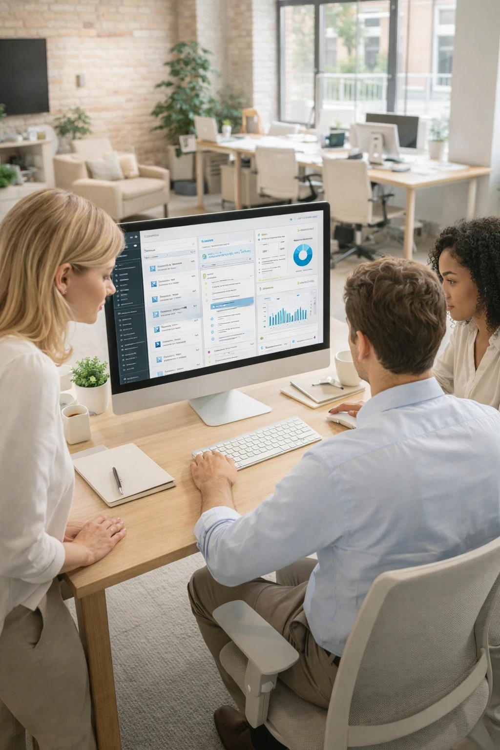 Équipe configurant l’analyse des KPI dans une application métier web développée sur mesure, permettant le suivi des données, des indicateurs de performance et du pilotage opérationnel.