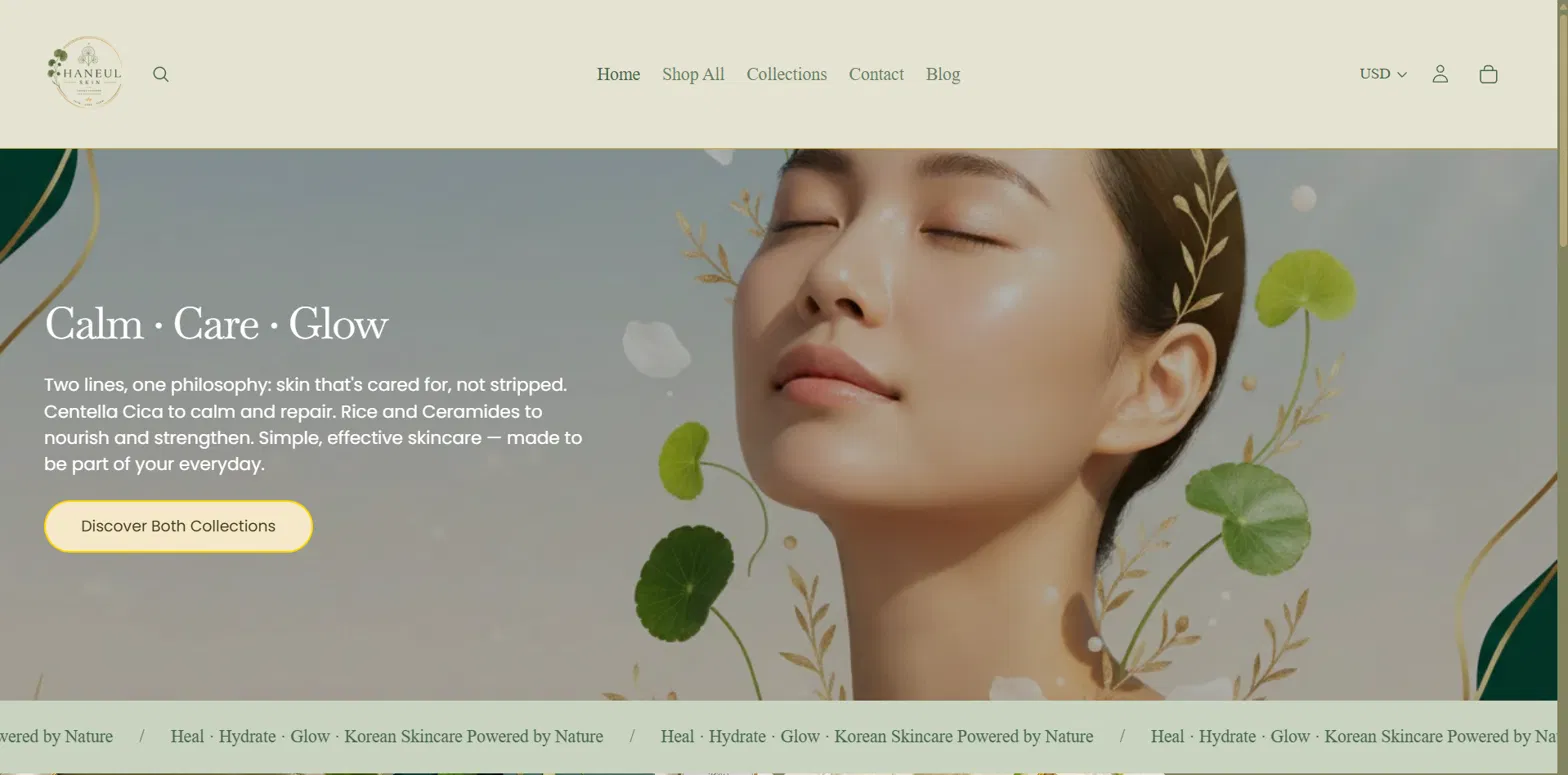 A serene woman with closed eyes is surrounded by natural leaves on a skincare website banner, featuring the text "Calm • Care • Glow" and offering collections enriched with rice and ceramides for everyday skincare.