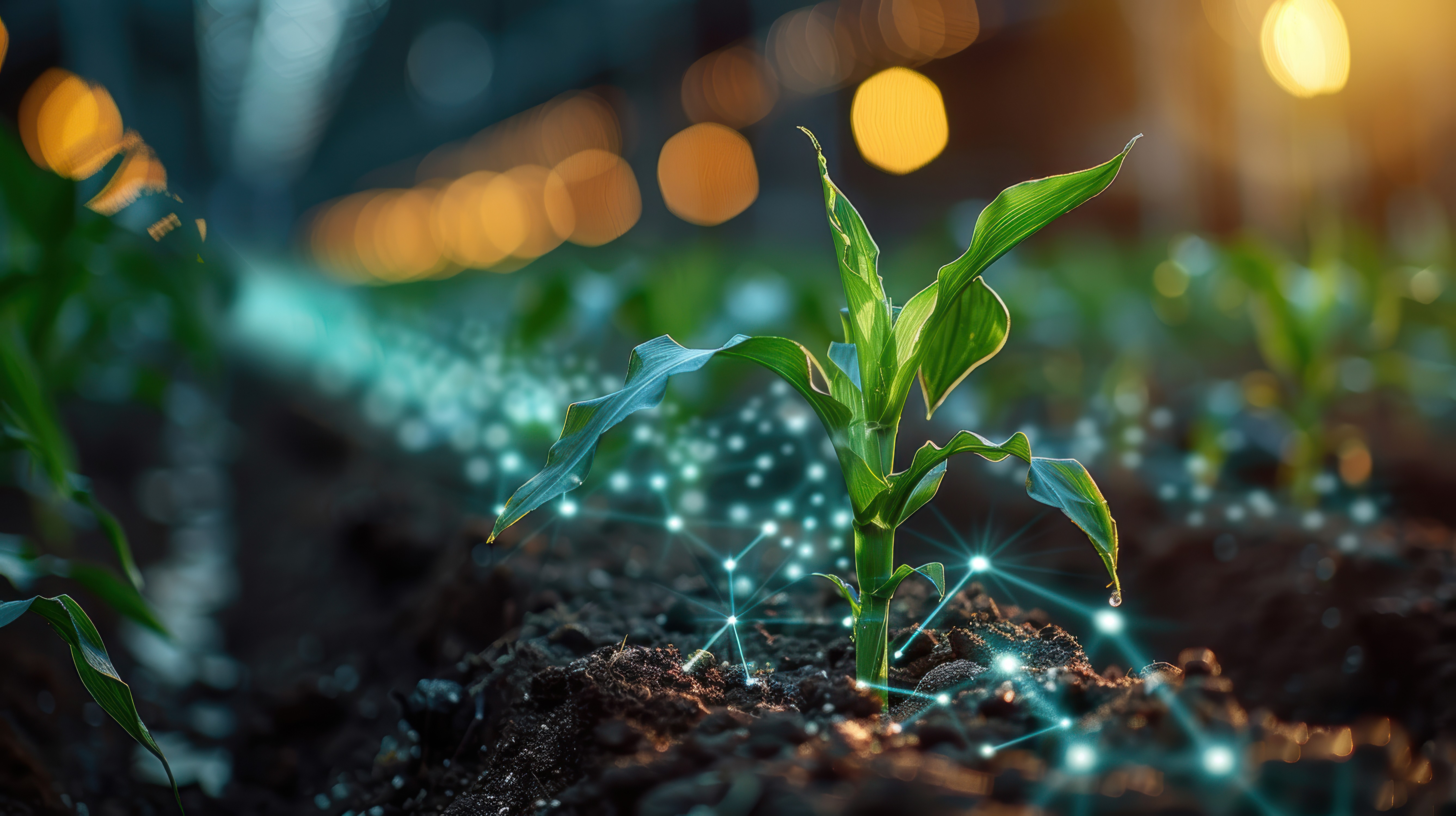 A plant growing with a virtual electronic web animation wrapping around it. 