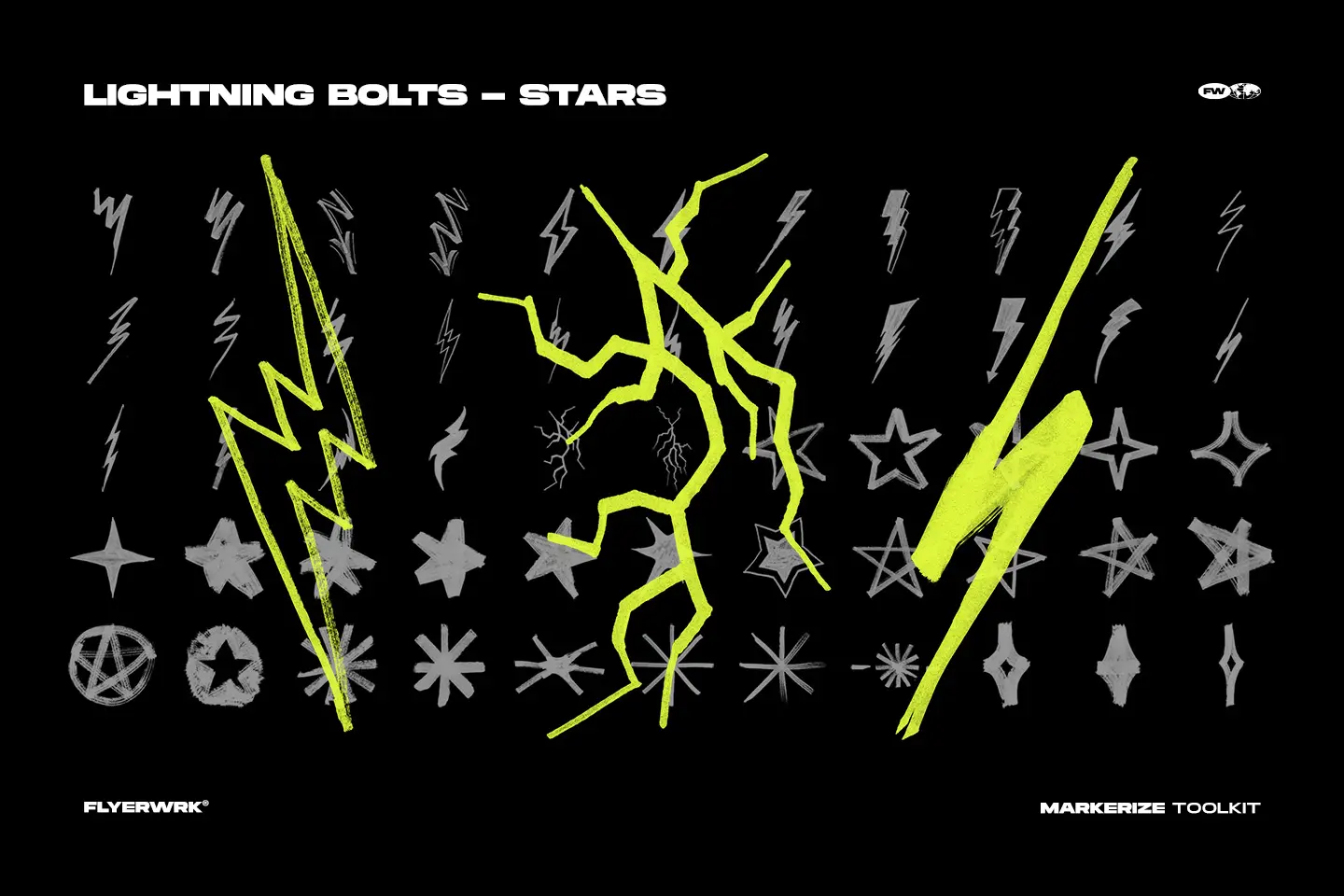 Markerize lightning bolts and stars doodle pack with high resolution hand drawn marker pen textures