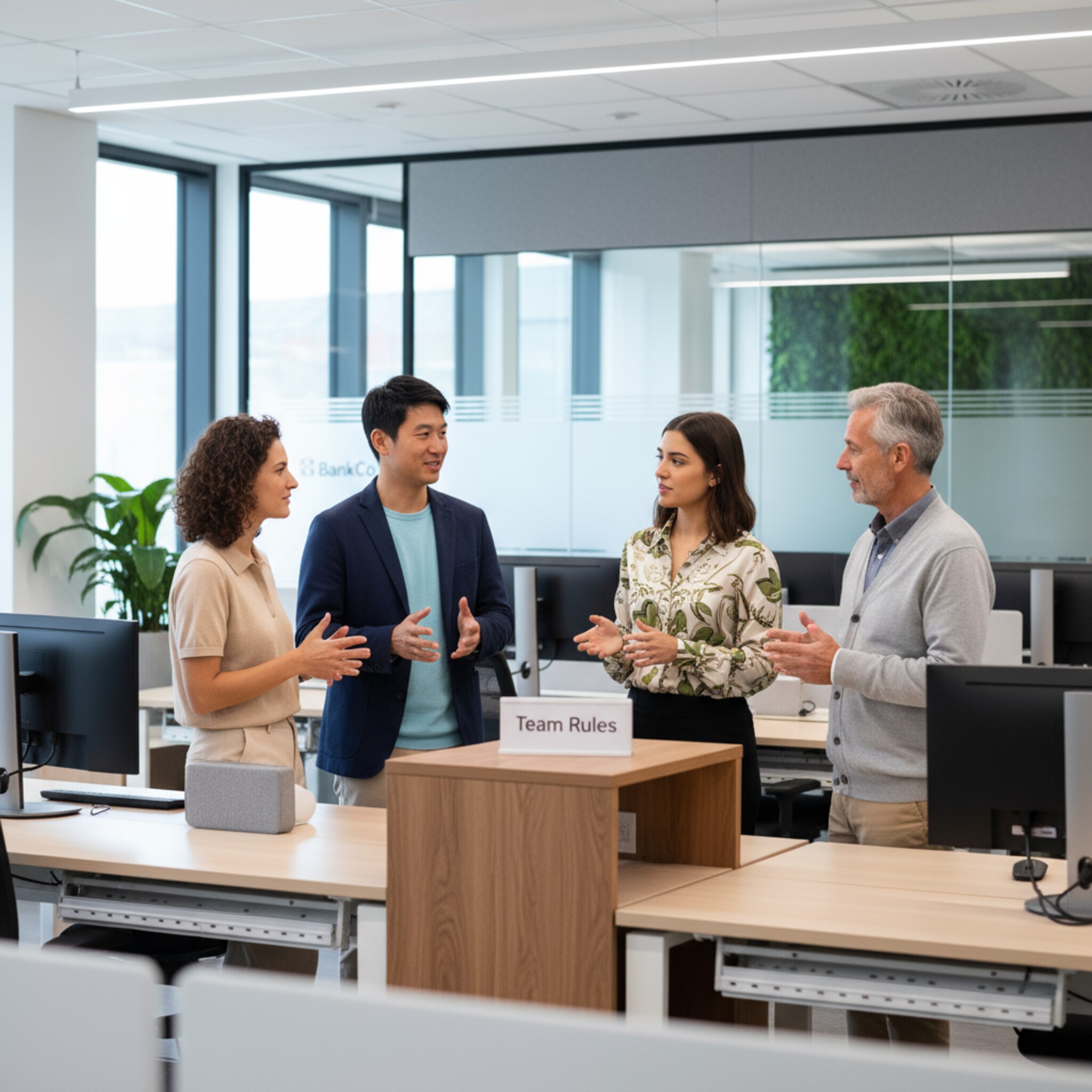 Ein kompaktes Stand-up am Rand eines Desk-Blocks: Vier Personen stimmen sich leise ab und verteilen Plätze für den Tag. Ein kleiner Aufsteller zeigt die Teamregeln. Zwischen den Reihen sind vereinzelte Plätze frei. Die Stimmung ist ruhig, fair und auf effiziente Zusammenarbeit ausgerichtet.
