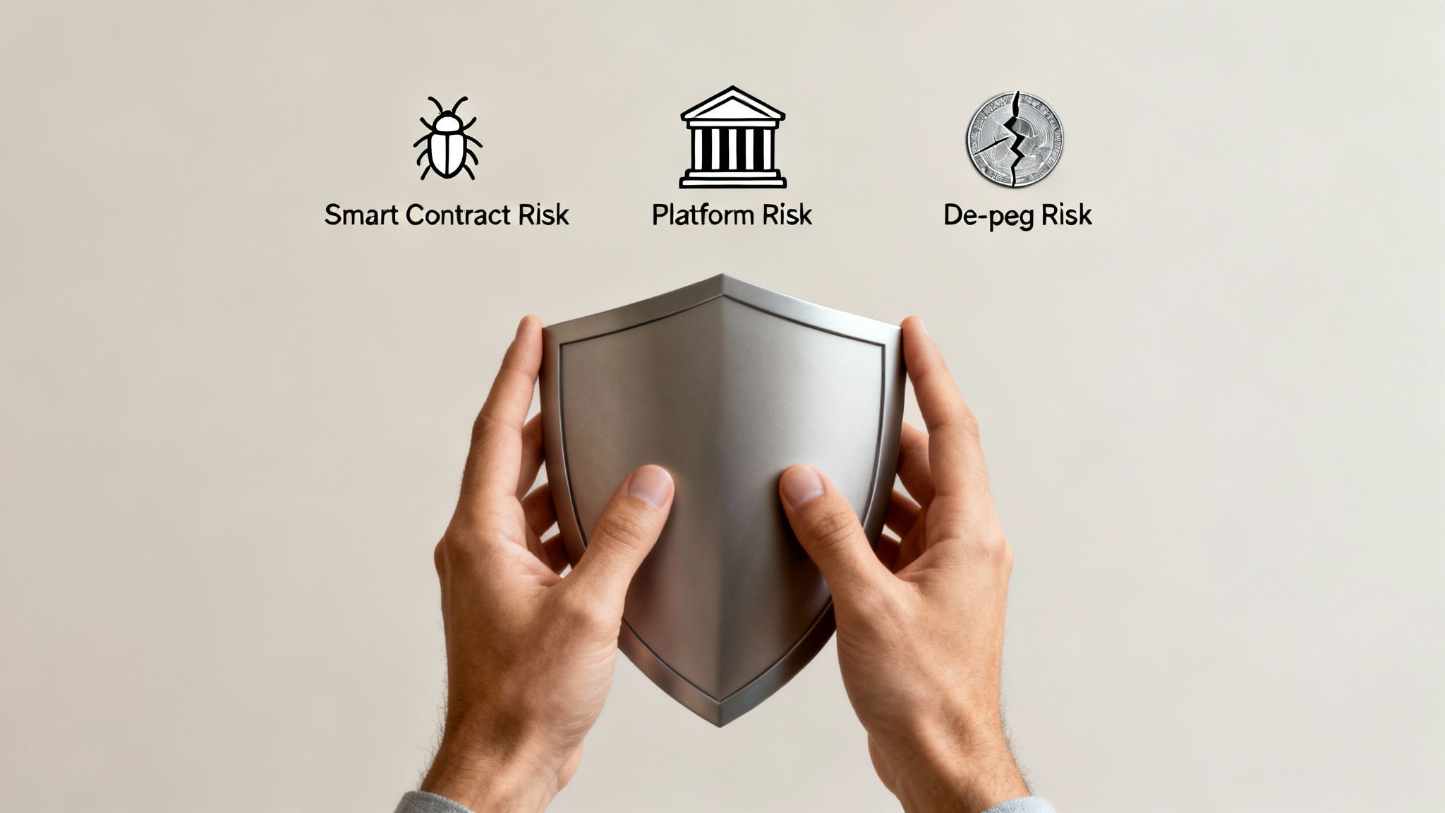 A shield held by hands protecting against smart contract, platform, and de-peg risks in crypto.