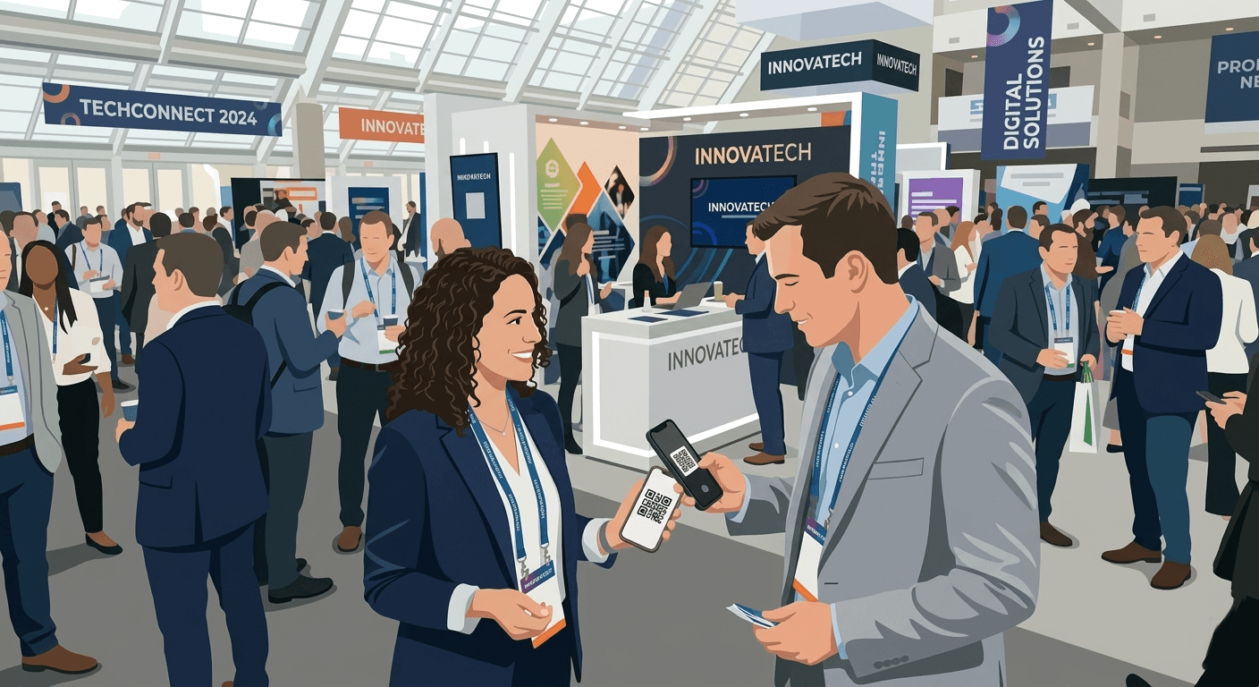 Digital business card sharing at a trade show using QR code and smartphone for lead capture with Habsy