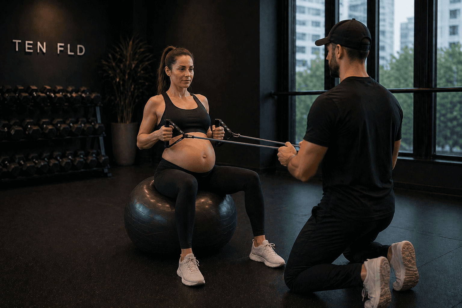 Pregnant women with her Ten Fld Personal trainer doing exercise on a stability ball