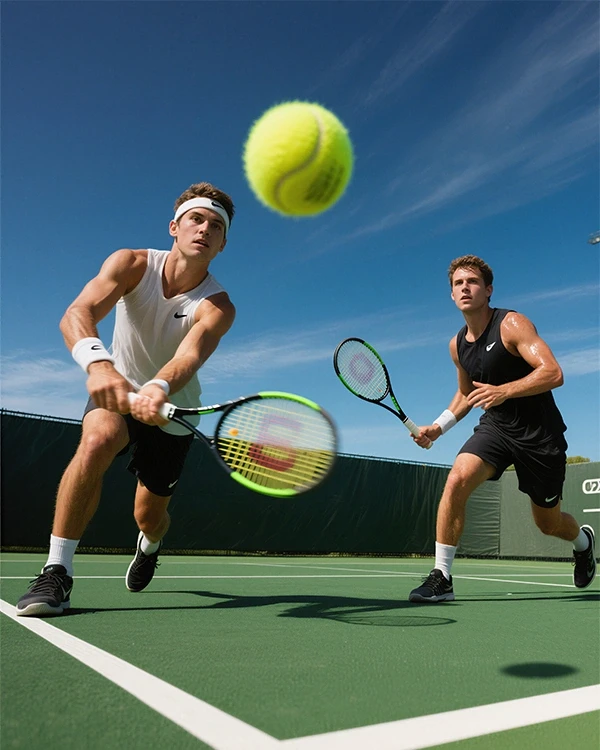 Two athletes on a tennis court, focusing on a yellow ball under a blue sky. Energetic sports moment.