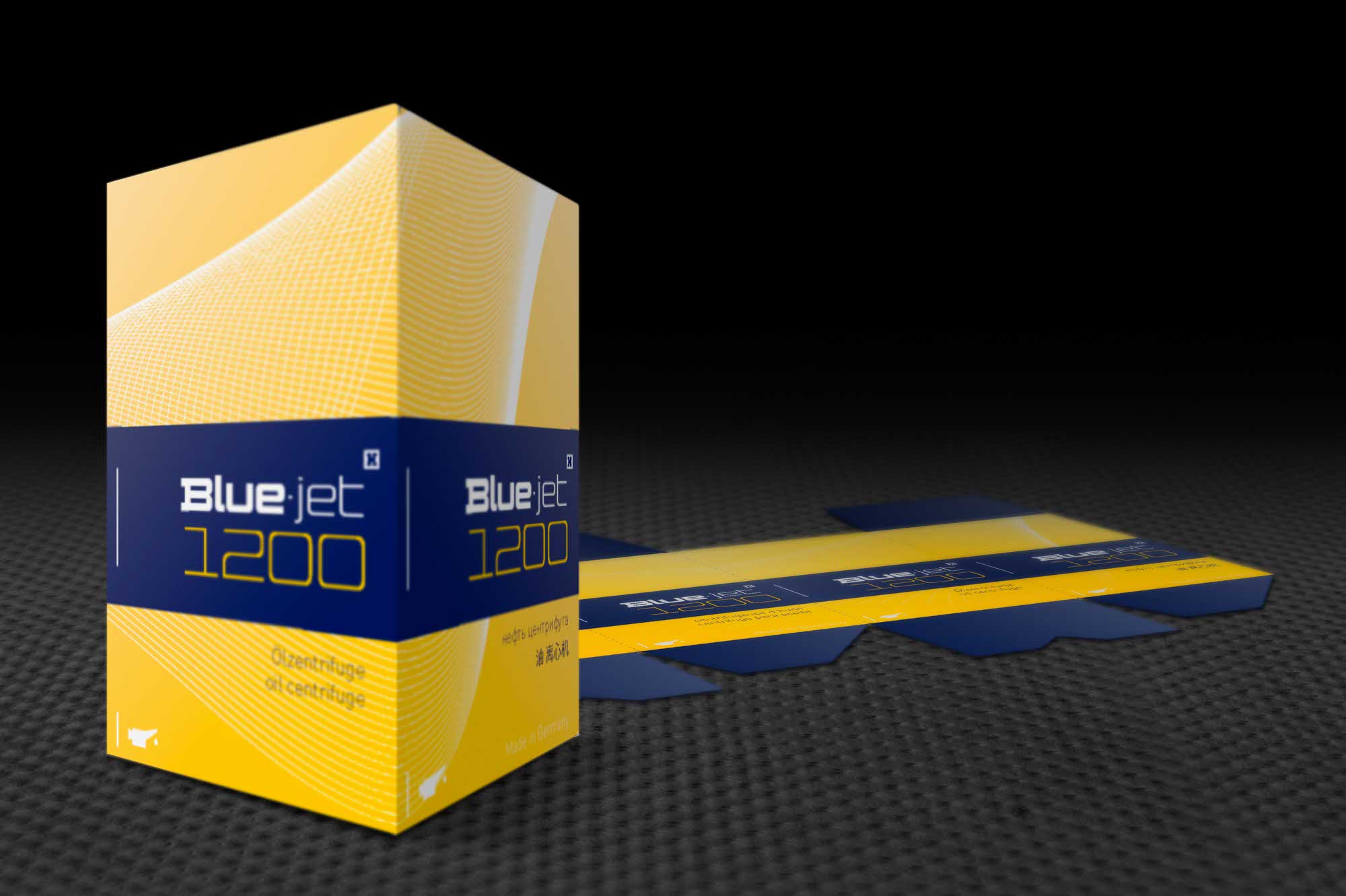 Verpackungsdesign der BLUE·JET Produktlinie – markant im Regal und Versand