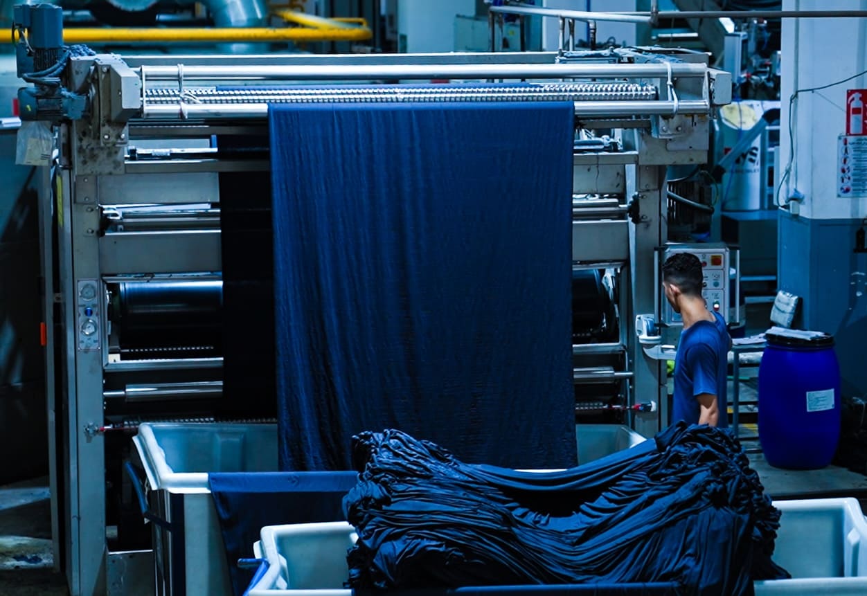 Blue fabric on rollers