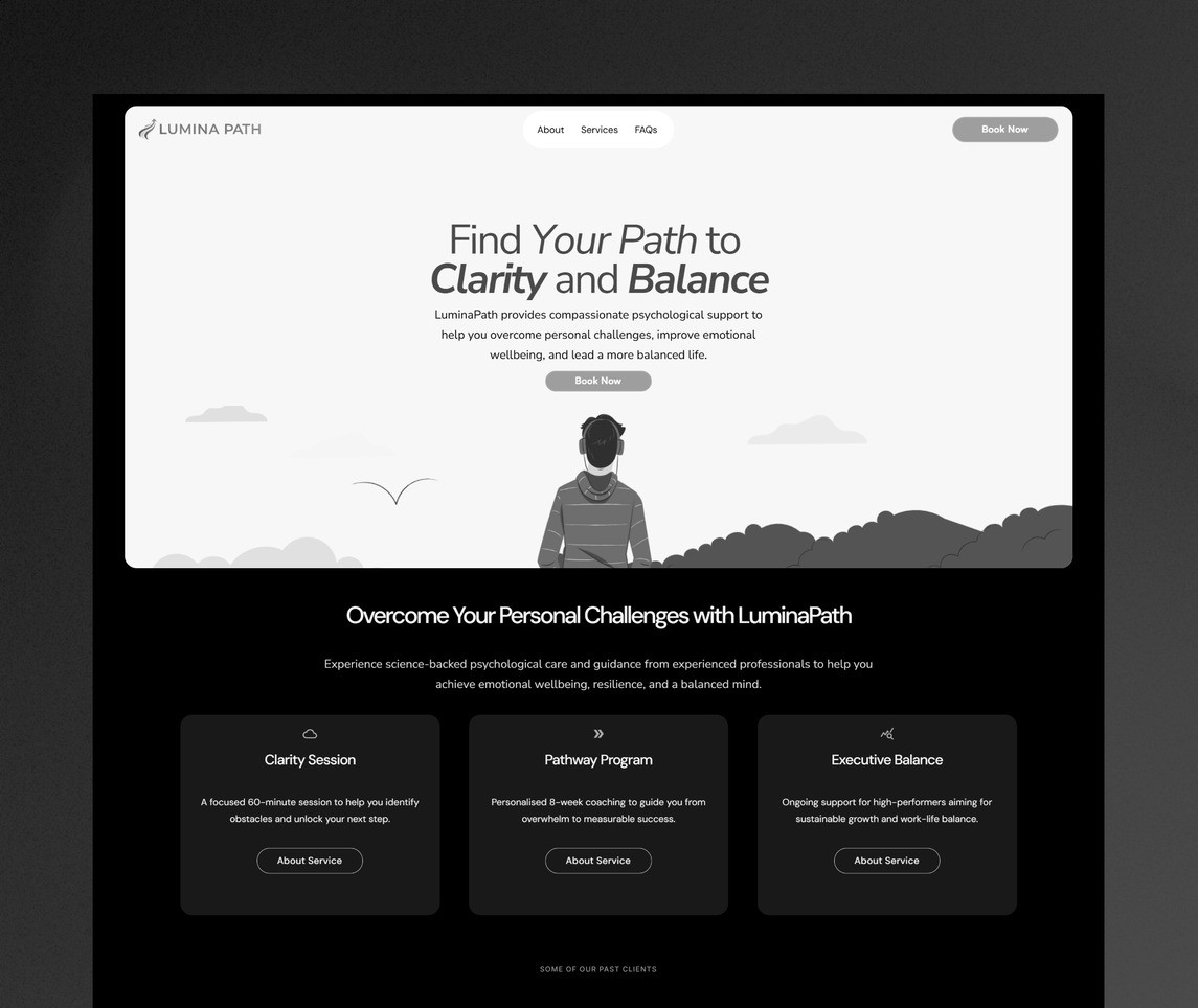 Modern homepage for a psychology service, displaying an illustration of a man looking into nature and symbolising balance in life