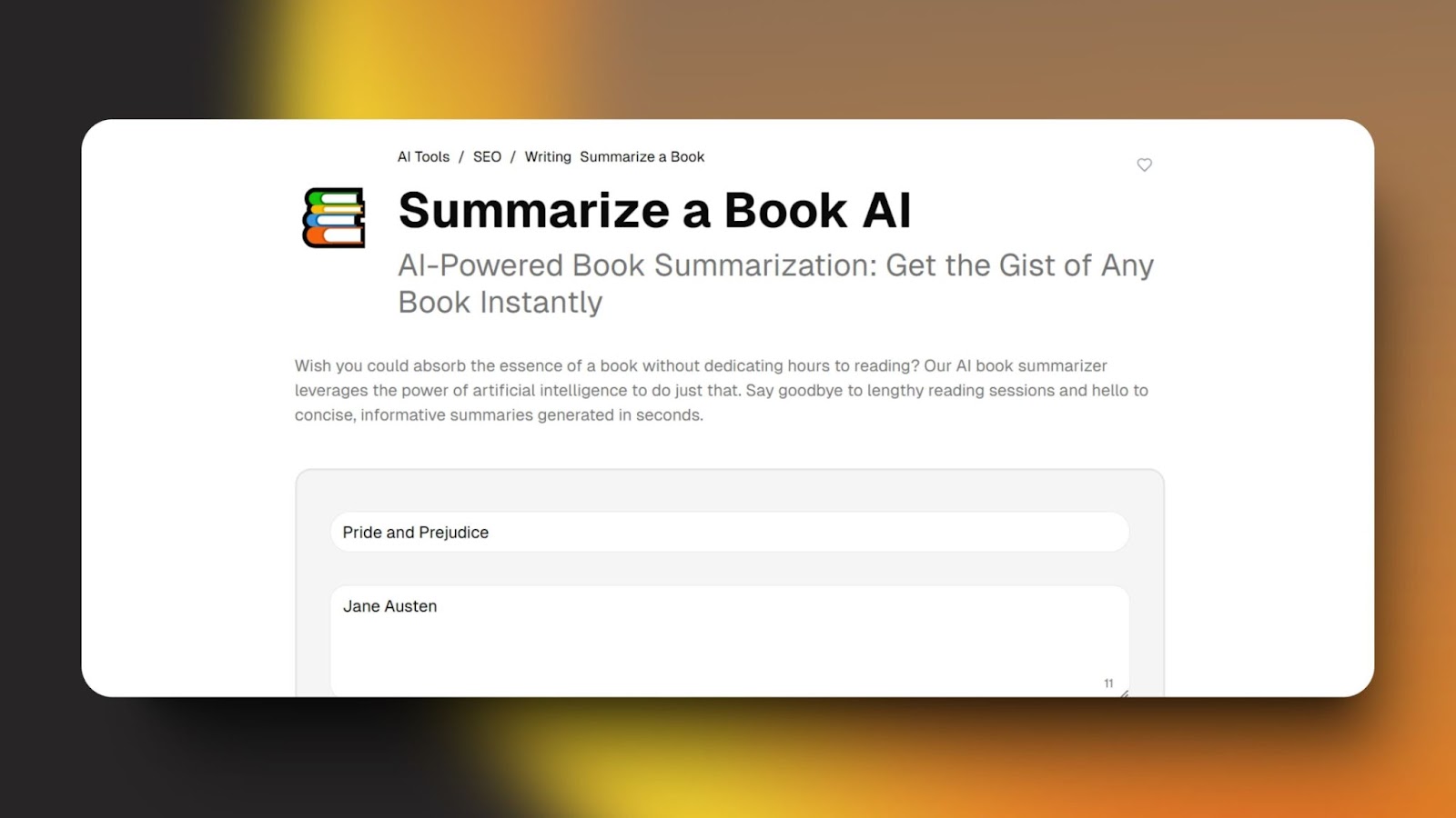 image of "Summarize a Book AI" interface showing book details input fields for title and author with a clear CTA to generate summaries.