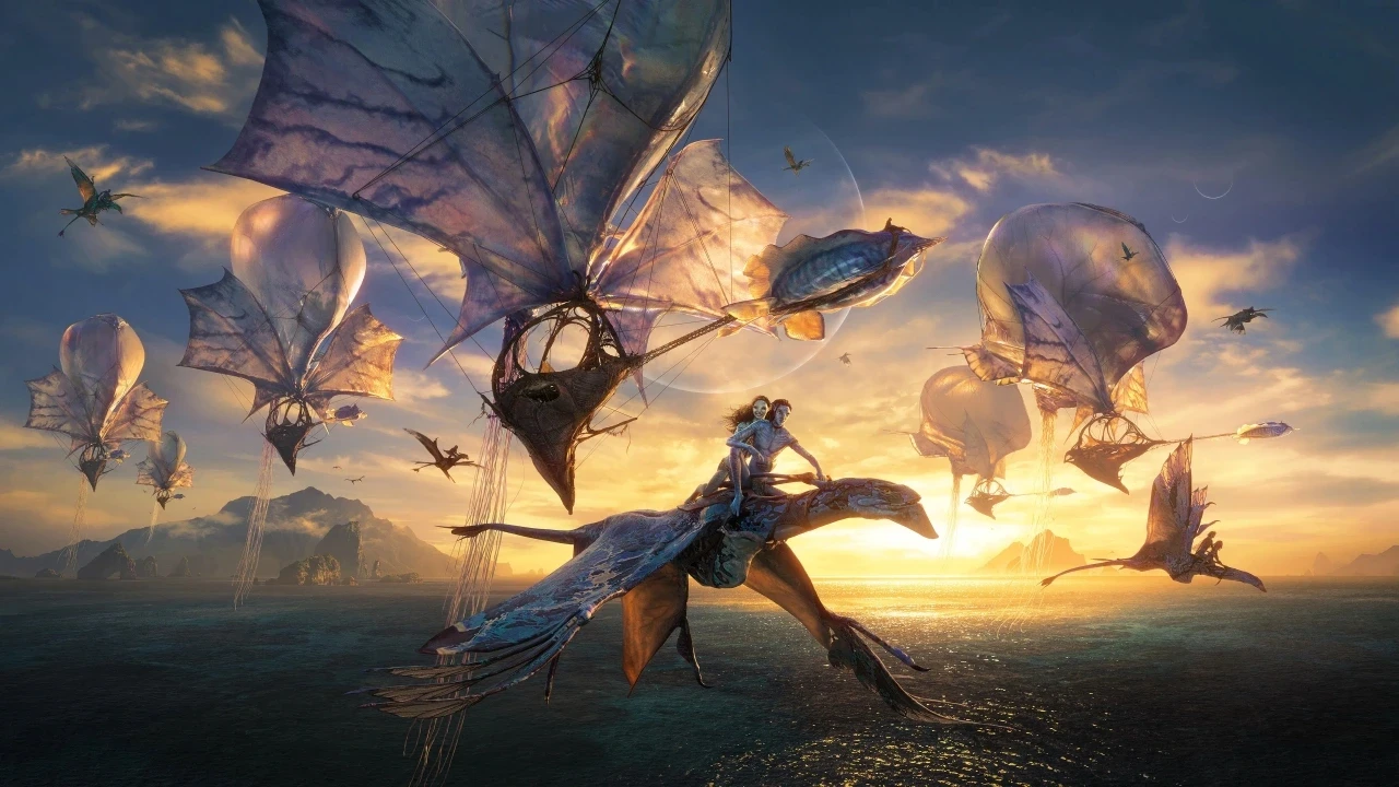 A fantastical scene at sunset showcases a series of airborne creatures resembling flying manta rays gliding over an ocean, casting dramatic shadows on the water, with majestic mountains visible in the background under a richly coloured sky.