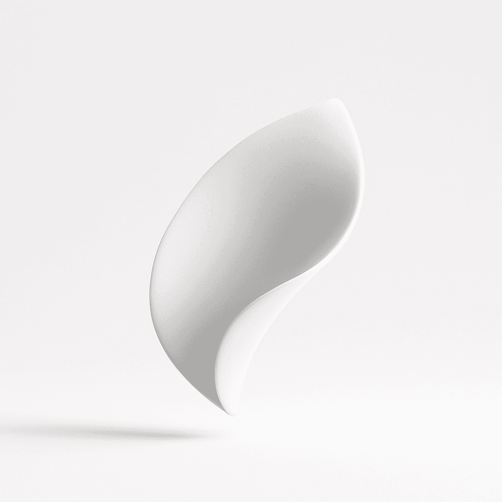 Minimalist 3D-rendered folded leaf shape in soft white and light grey tones, floating against a clean white background with smooth curves and subtle shadows