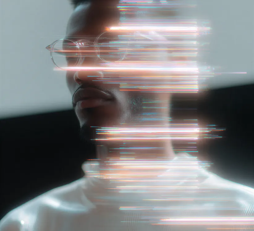 Portrait of a man behind glitching light streaks