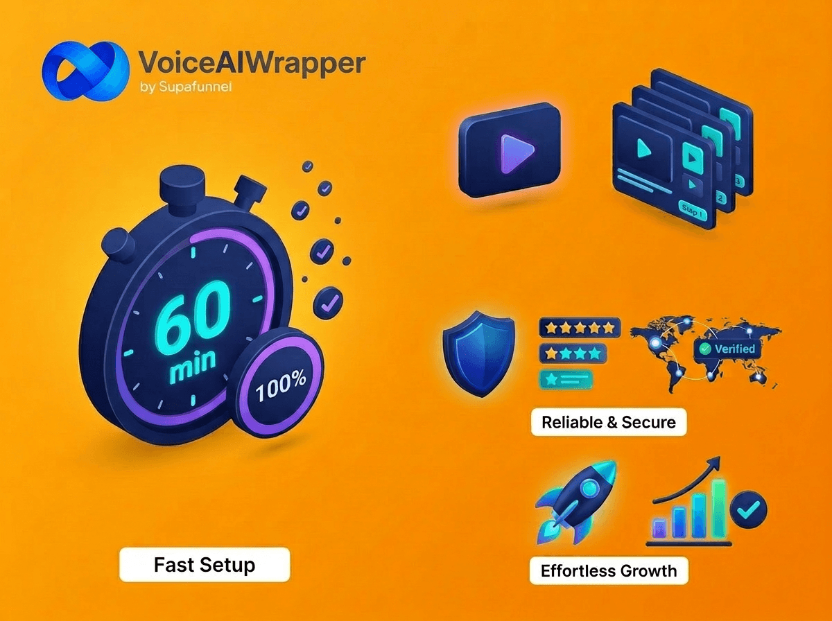 AI white label split feature with 60-minute setup and video tutorials, Pro plan SaaS Creator automated onboarding, and SOC 2 HIPAA 5-star SaaSHub rating | VoiceAIWrapper.