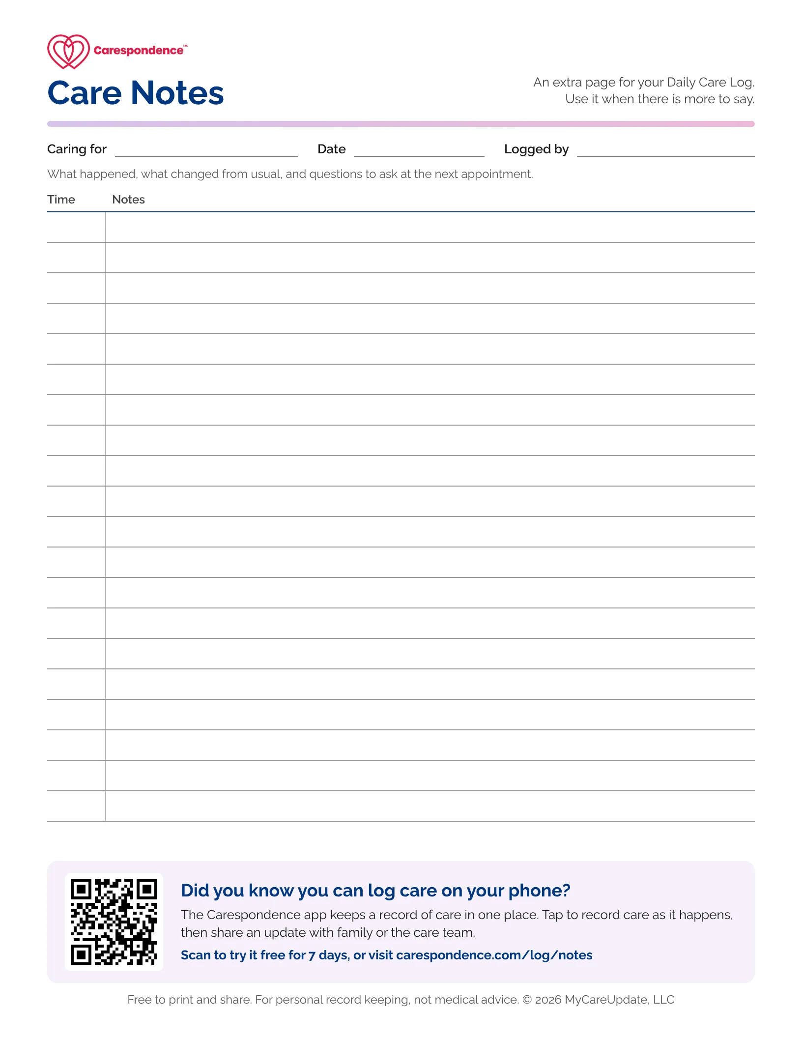 Preview of the Carespondence printable care notes page, with columns for time and notes.