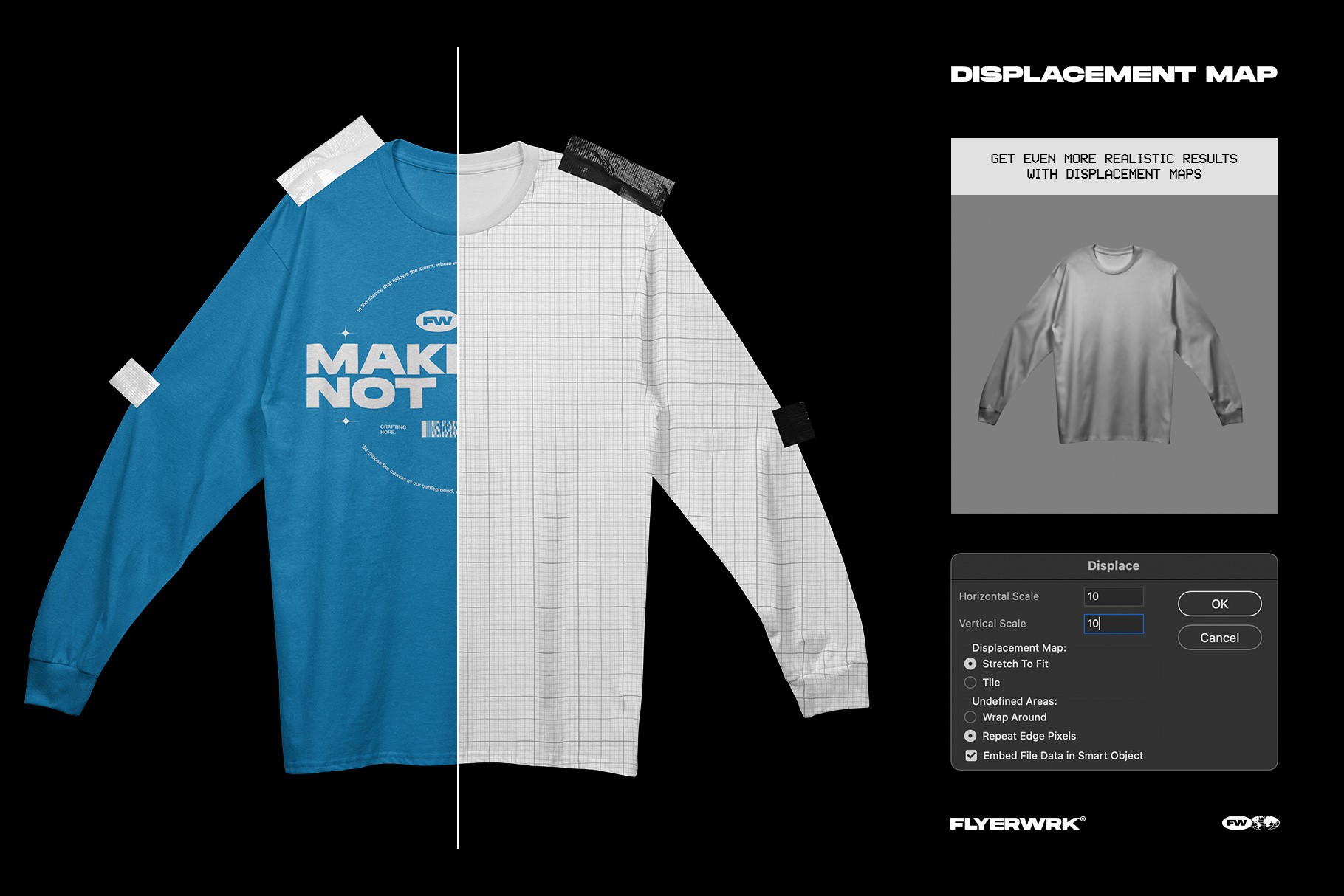 Gildan 2400 long sleeve taped mockup displacement map for realistic print effects