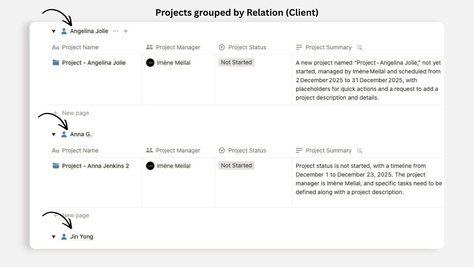 Notion projects grouped by client
