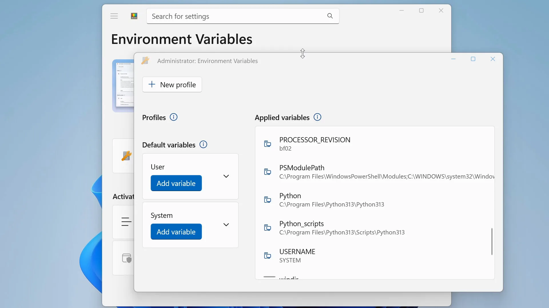 Environment Variables editor managing user and system variables