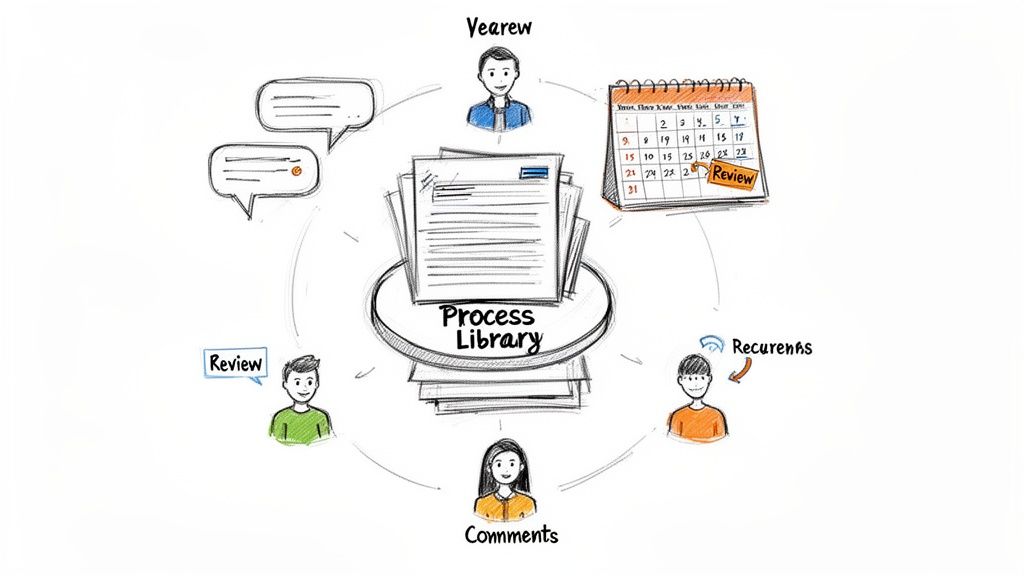 A visual representation of a process library system, showing people, comments, and review cycles for managing business processes.