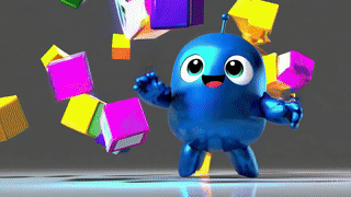 A shiny 3D cartoon AI character in blue, smiling playfully while interacting with floating colorful learning cubes. Represents adaptive learning in the ZKY platform.
