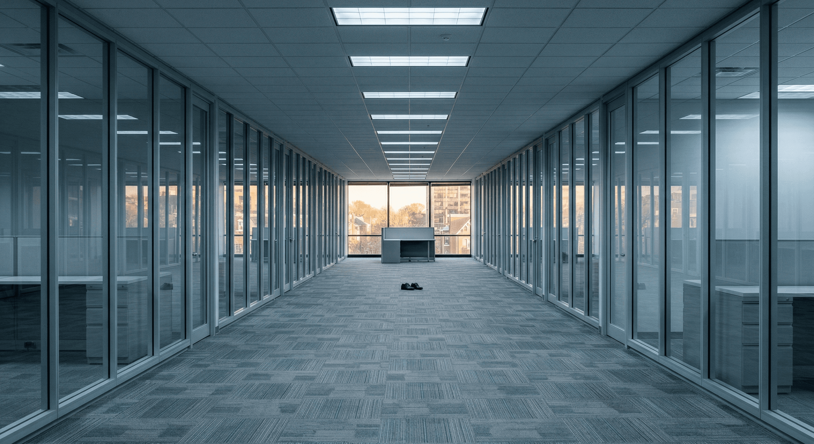 Empty corporate office hallway representing the return-to-office environment employees seek ADA accommodations to avoid