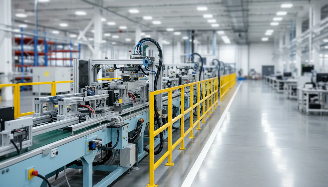 DSLR photograph of a modern, clean factory, focusing on a long, automated industrial assembly line. The complex machinery is constructed from light blue and gray painted metal, with prominent yellow safety rails and black hydraulic hoses. The shot is angled down the production line, creating strong leading lines. The floor is polished gray concrete with a white painted line, reflecting the bright, even industrial lighting. The background is slightly blurred, showing the vast scale of the factory with a shallow depth of field.