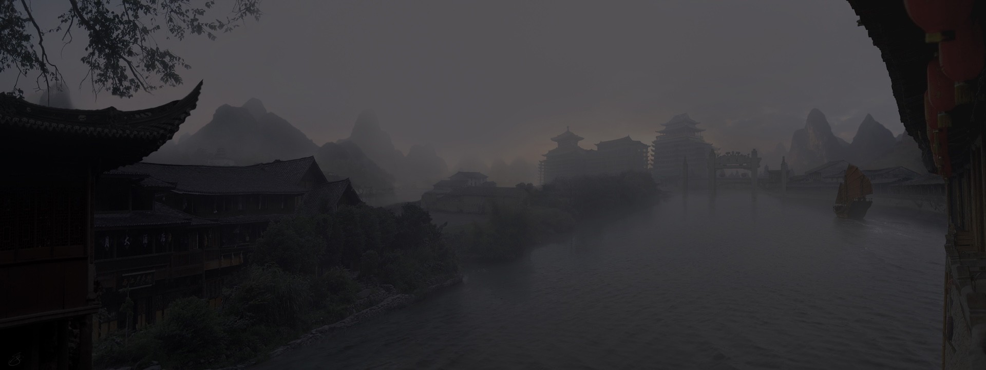 Illustration of a tranquil Japanese village encircling a river, all seemingly frozen in time, by Simone De Salvatore