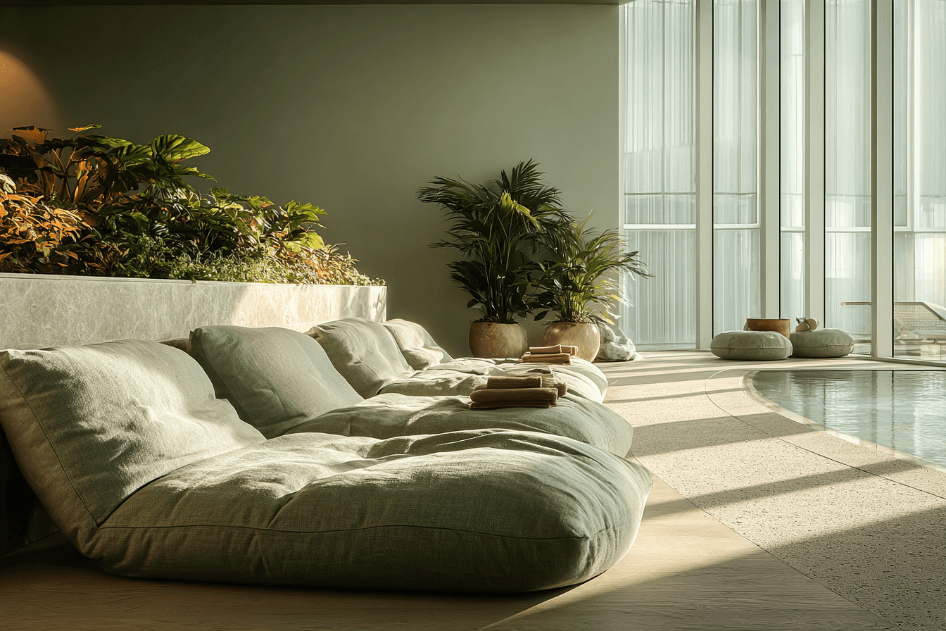 A luxurious indoor pool area with a panoramic view of a city at sunset. Comfortable lounge beds with soft fabrics surround the pool, while warm ambient lighting enhances the sophisticated atmosphere. The space combines modern elegance with a tranquil vibe.