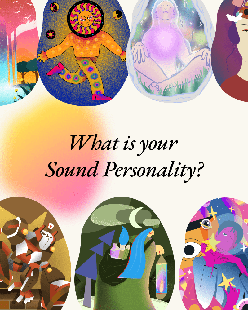 A collage of artworks featured in Sonicality, with text overlay reading "What is your Sound Personality?"