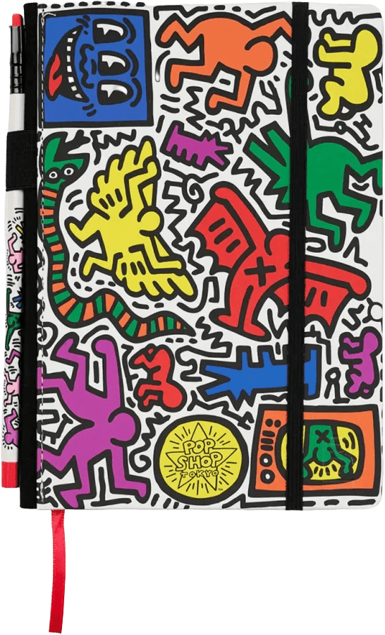 Blackwing Volume 292 Keith Haring notebook, a black-and-white cover covered in colorful Keith Haring figures with a matching pencil.