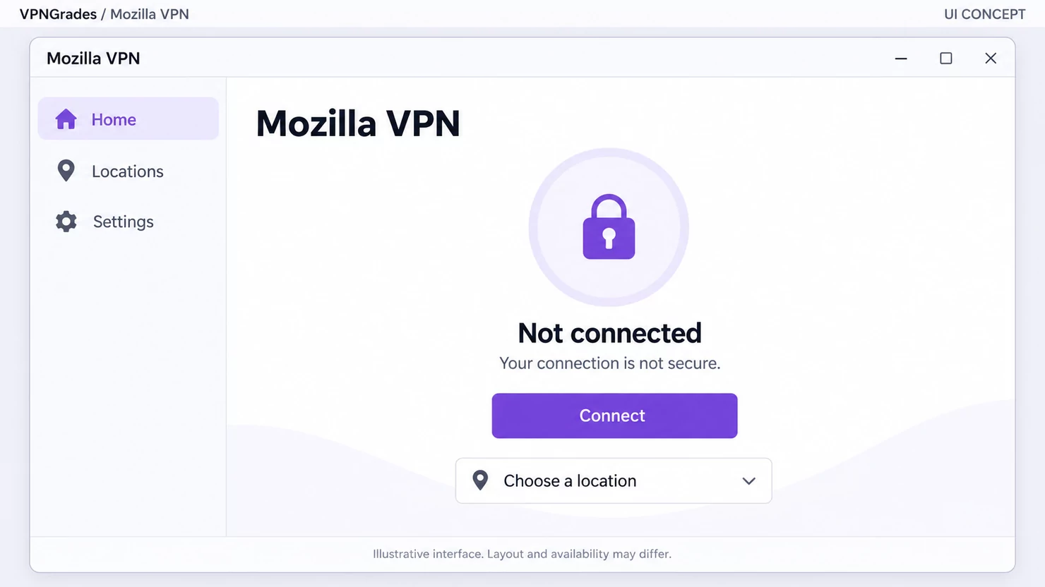 Mozilla VPN: a desktop connection interface (illustration).