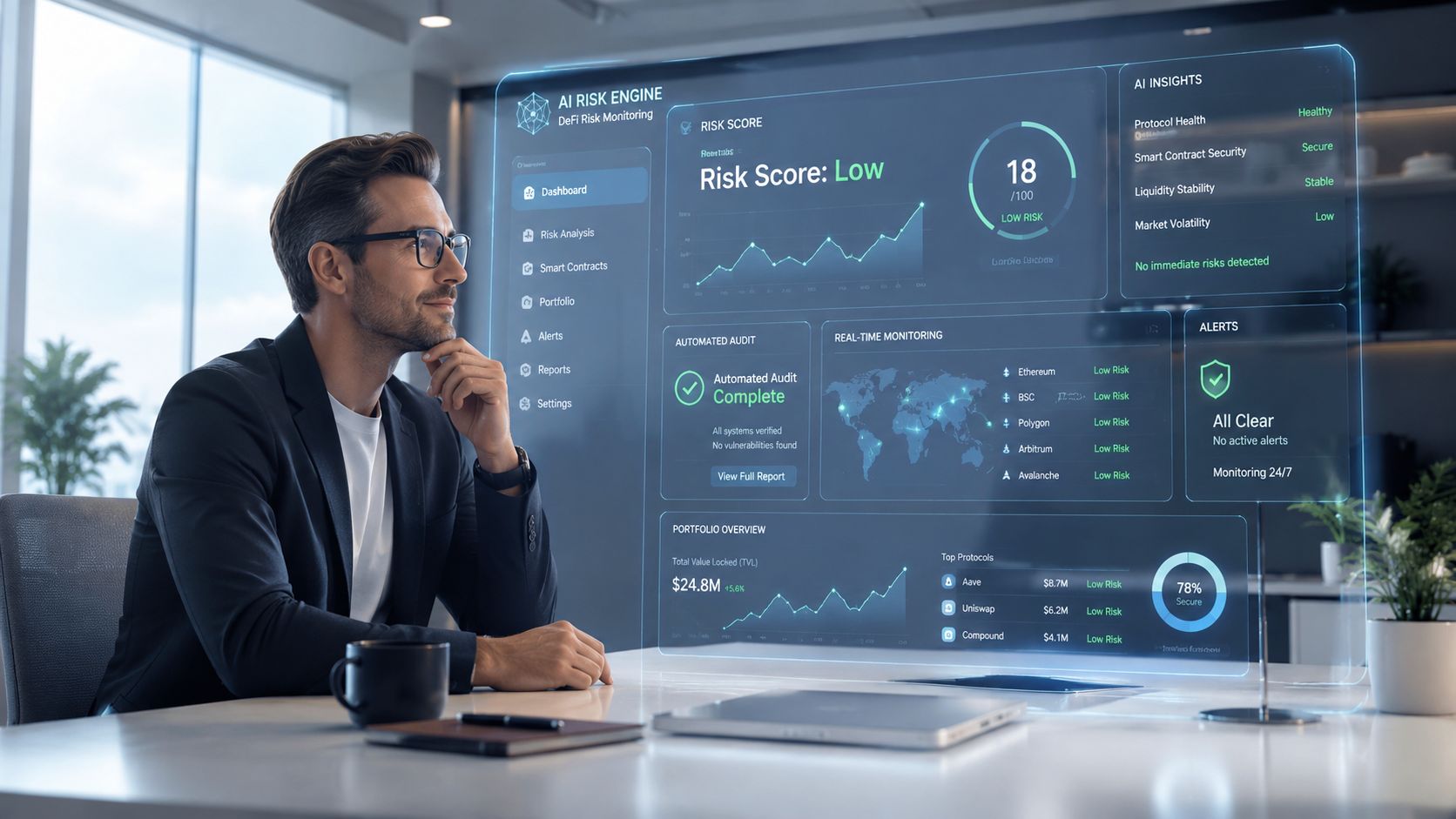 A professional man looks thoughtfully at a holographic display showing DeFi risk management and real-time monitoring data.