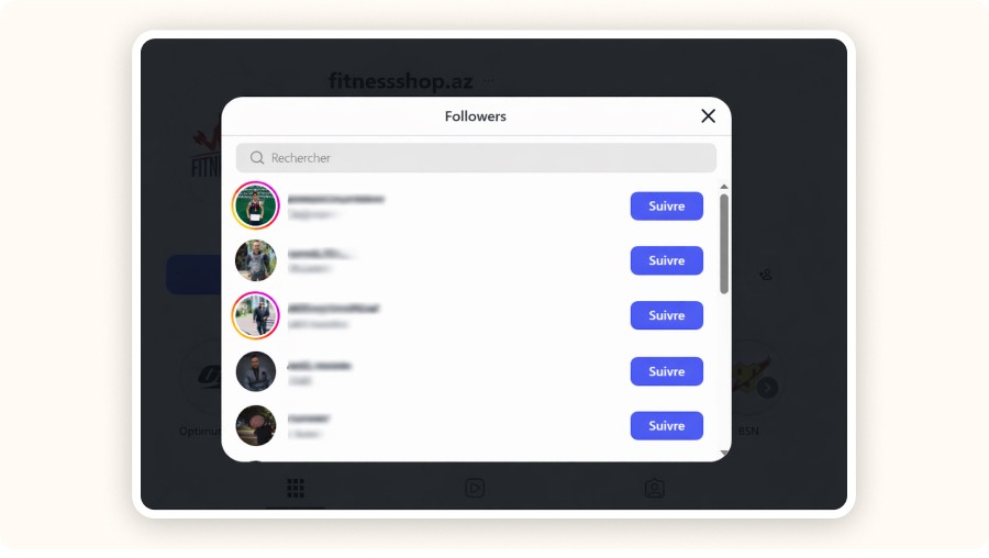Fenêtre abonnés Instagram affichant liste profils avec boutons suivre.