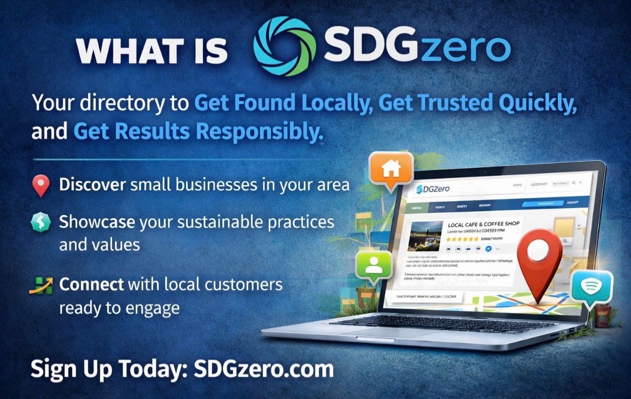 SDG:Zero directory platform advertisement highlighting local business visibility, sustainability practices, and customer engagement tools.