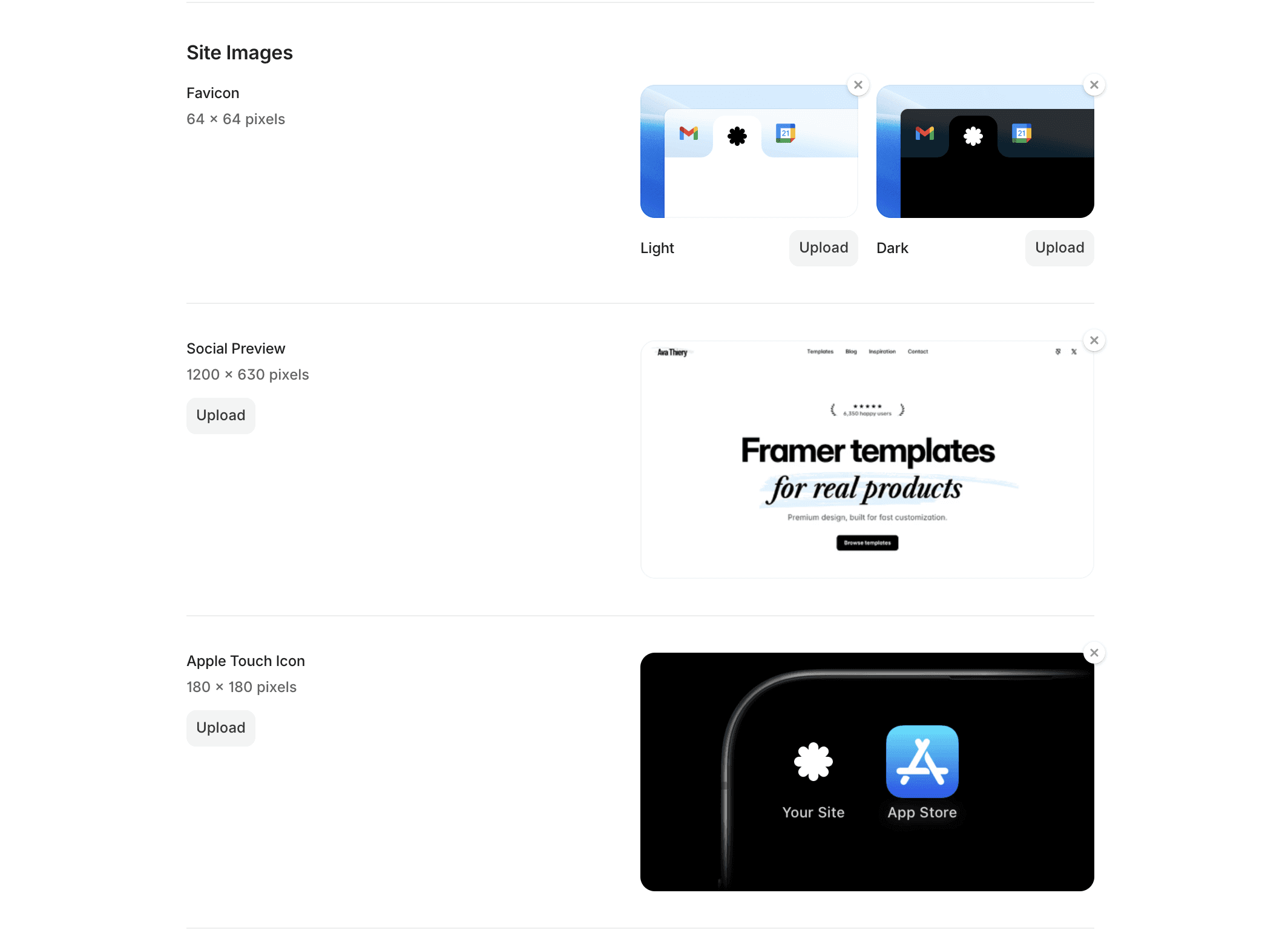 Framer site images settings showing favicon, social preview image, and Apple Touch Icon uploads for the Ava Thiery template website.