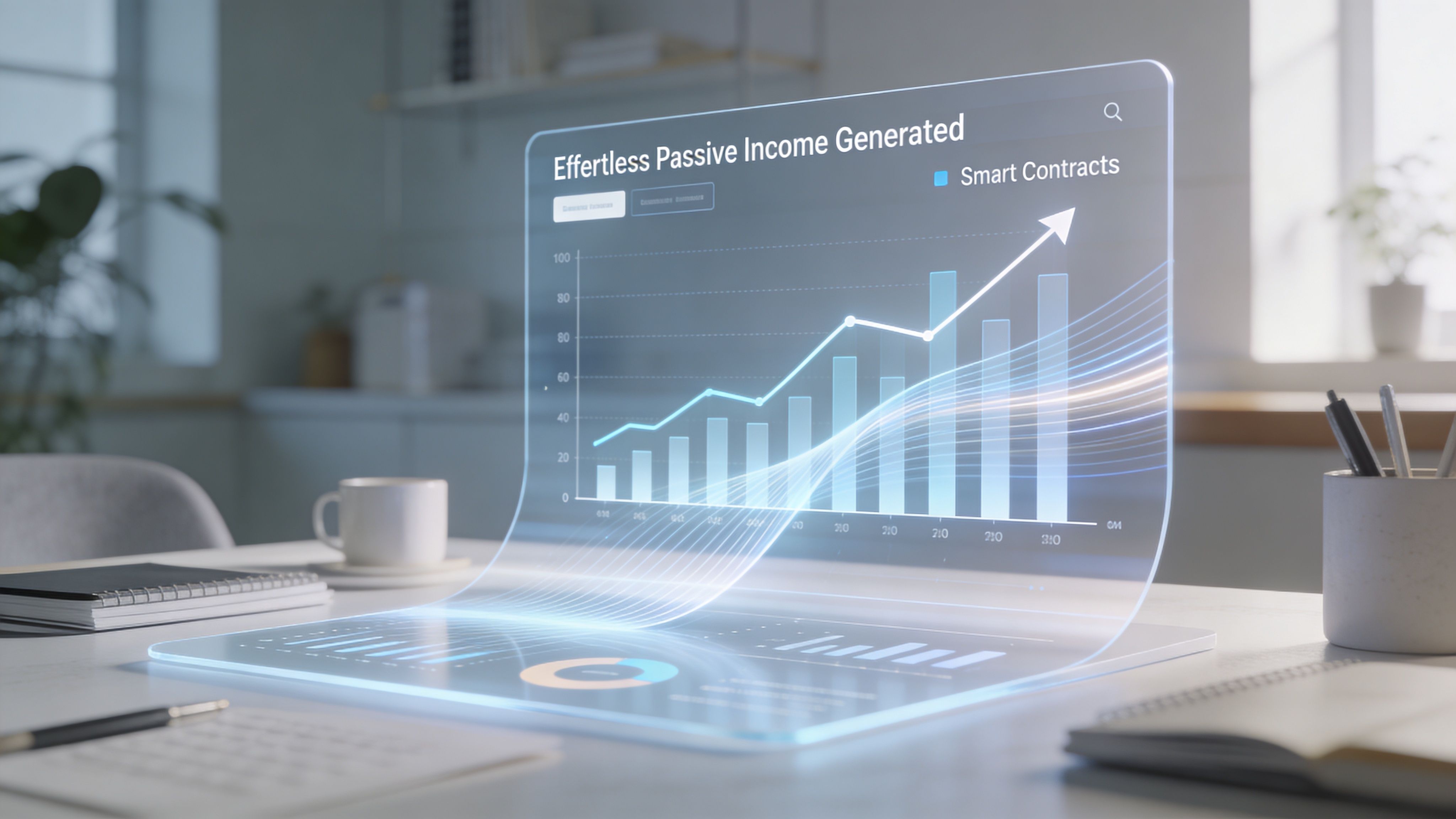 A futuristic transparent digital screen on a desk showing a rising bar chart for passive income.