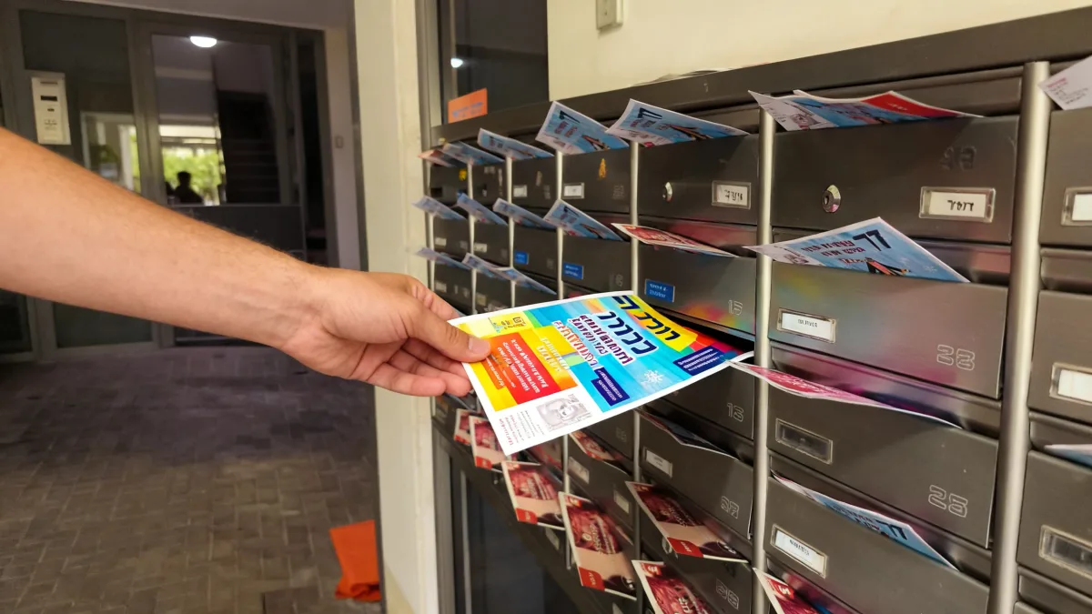 יד של עובד מחברת עלונים מחלקת פלייר צבעוני לתוך תיבת דואר בבניין מגורים, כחלק משירות הפצה רחב ומקצועי המגיע ישירות לקהל היעד.