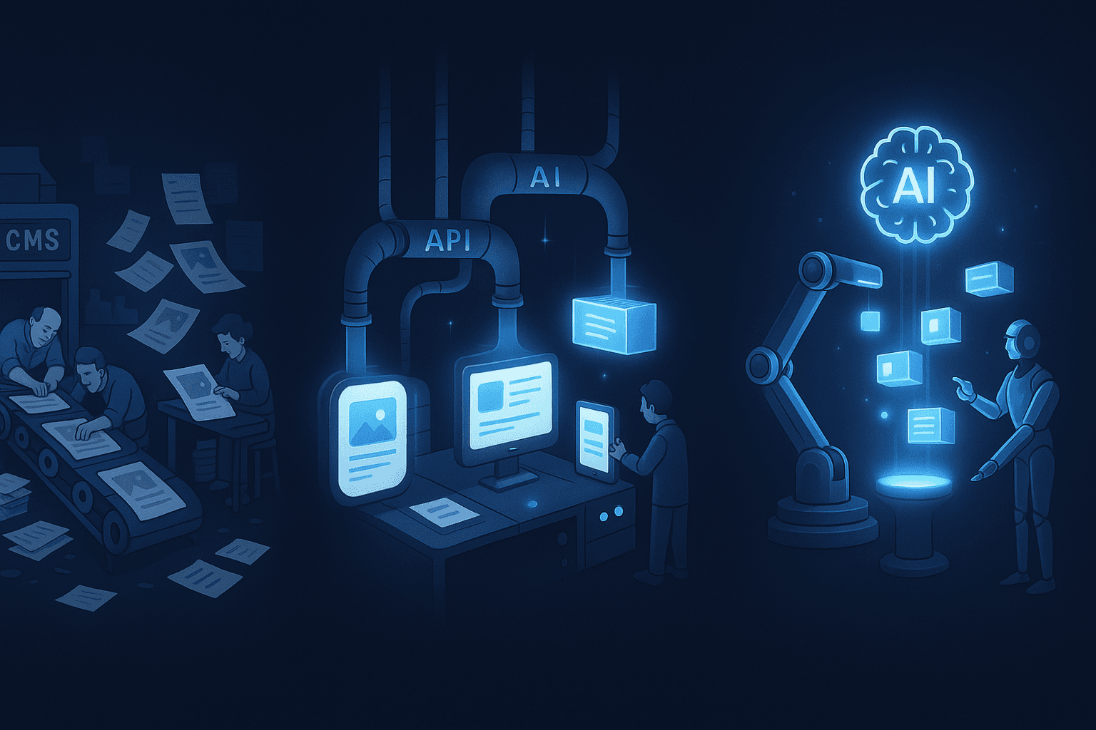 Three-panel illustration contrasting manual traditional CMS, semi-automated headless CMS, and autonomous GEO-native CMS.