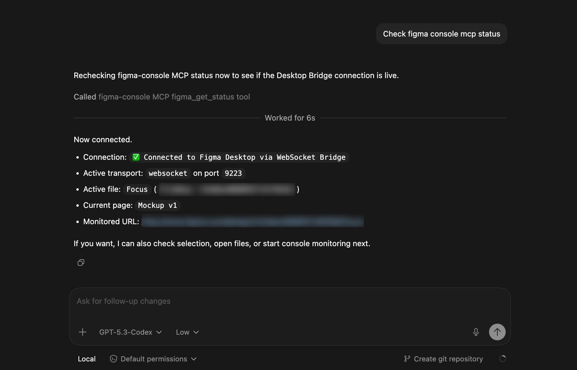Status showing figma console mcp connected to figma desktop via websocket bridge