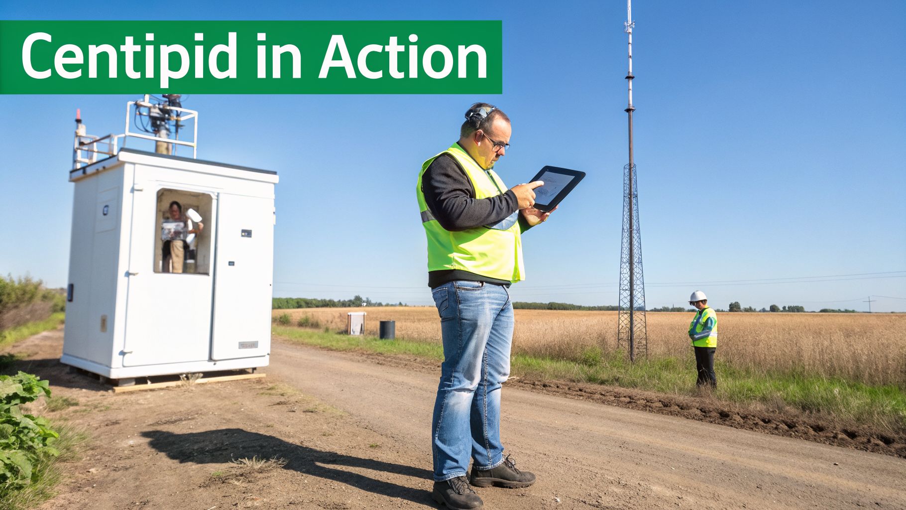 Centipid in Action: Engineers working outdoors with a tablet, portable building, and communication tower.