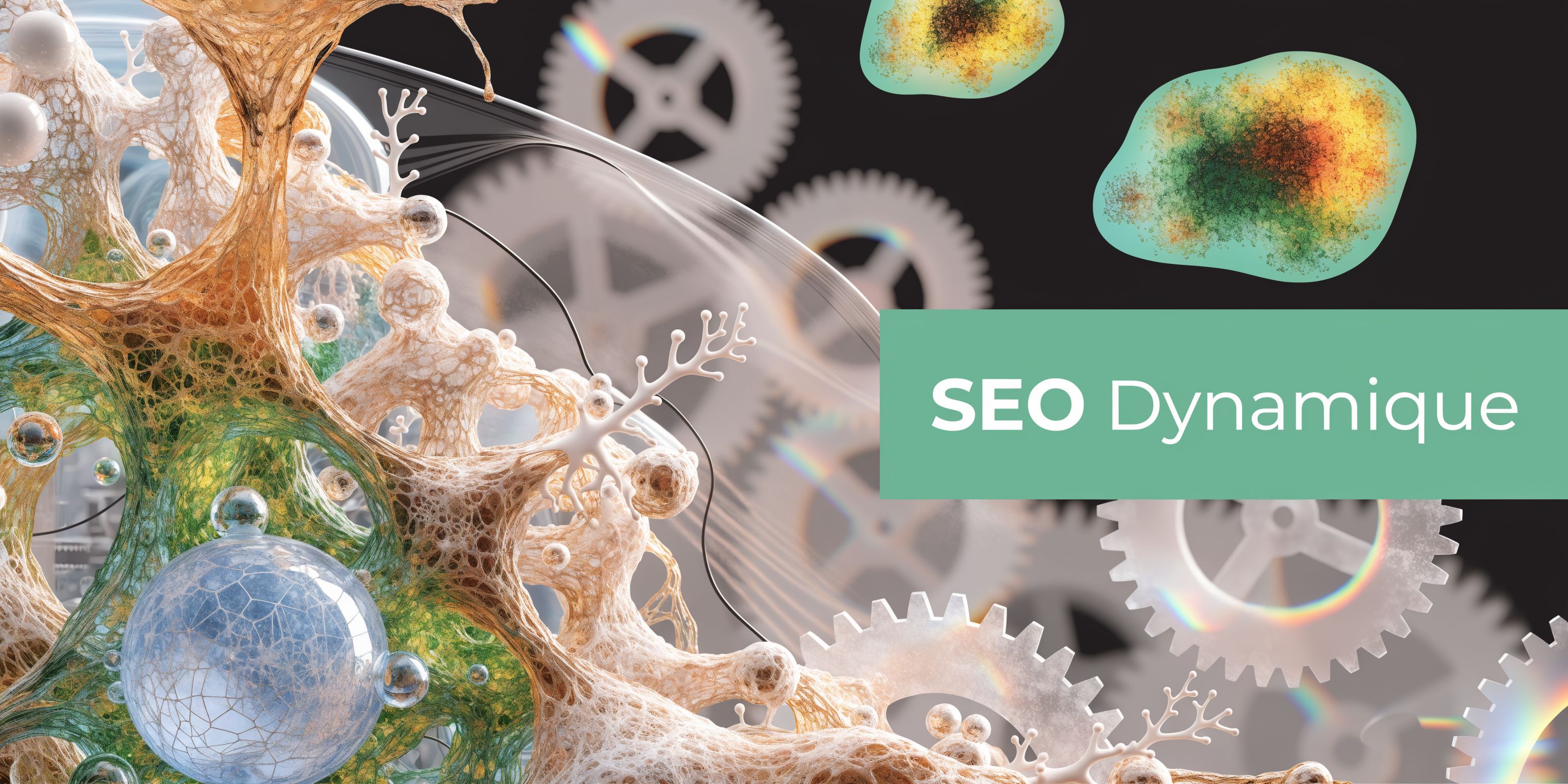 Une représentation abstraite mêlant des structures cellulaires organiques, des engrenages mécaniques et du texte SEO Dynamique.