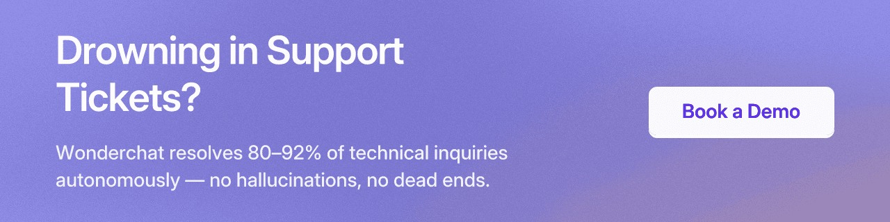 Drowning in Support Tickets? Wonderchat resolves 80–92% of technical inquiries autonomously — no hallucinations, no dead ends. Book a Demo